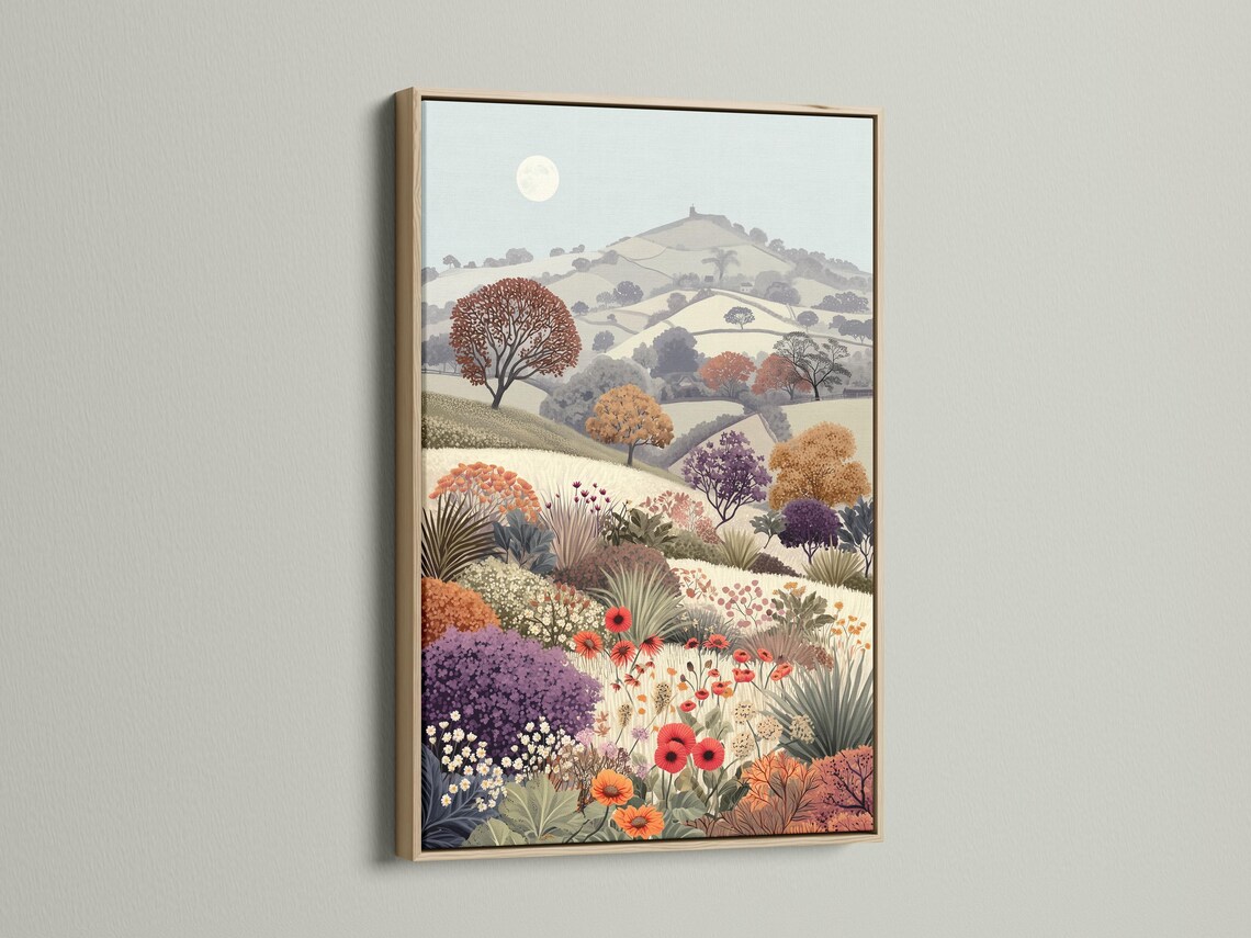 Portrait countryside landscape with rolling hills, a pale sun, and a dense meadow of colourful flowers detail view