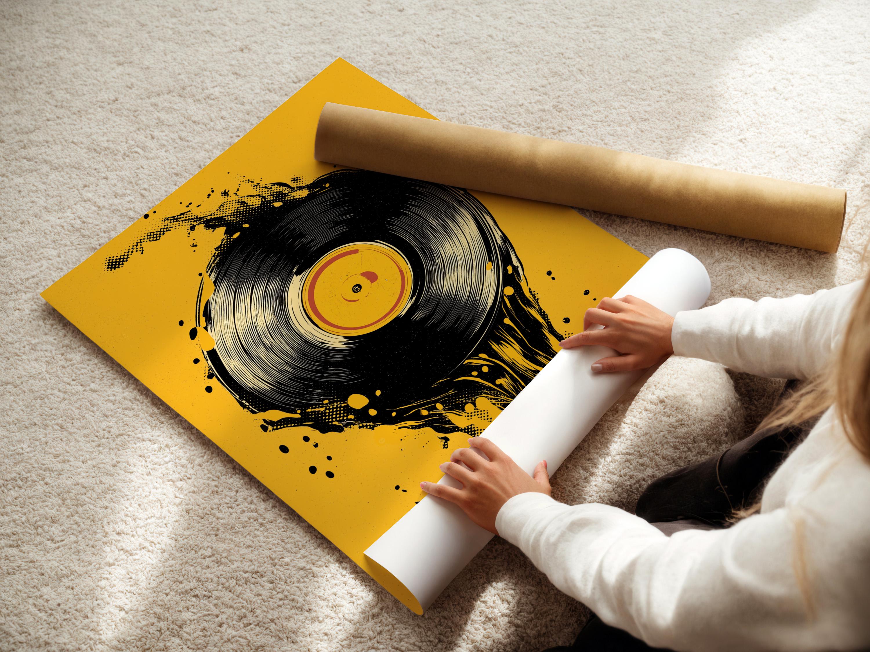 A man wearing headphones beside a music setup with a vinyl record artwork on a wall