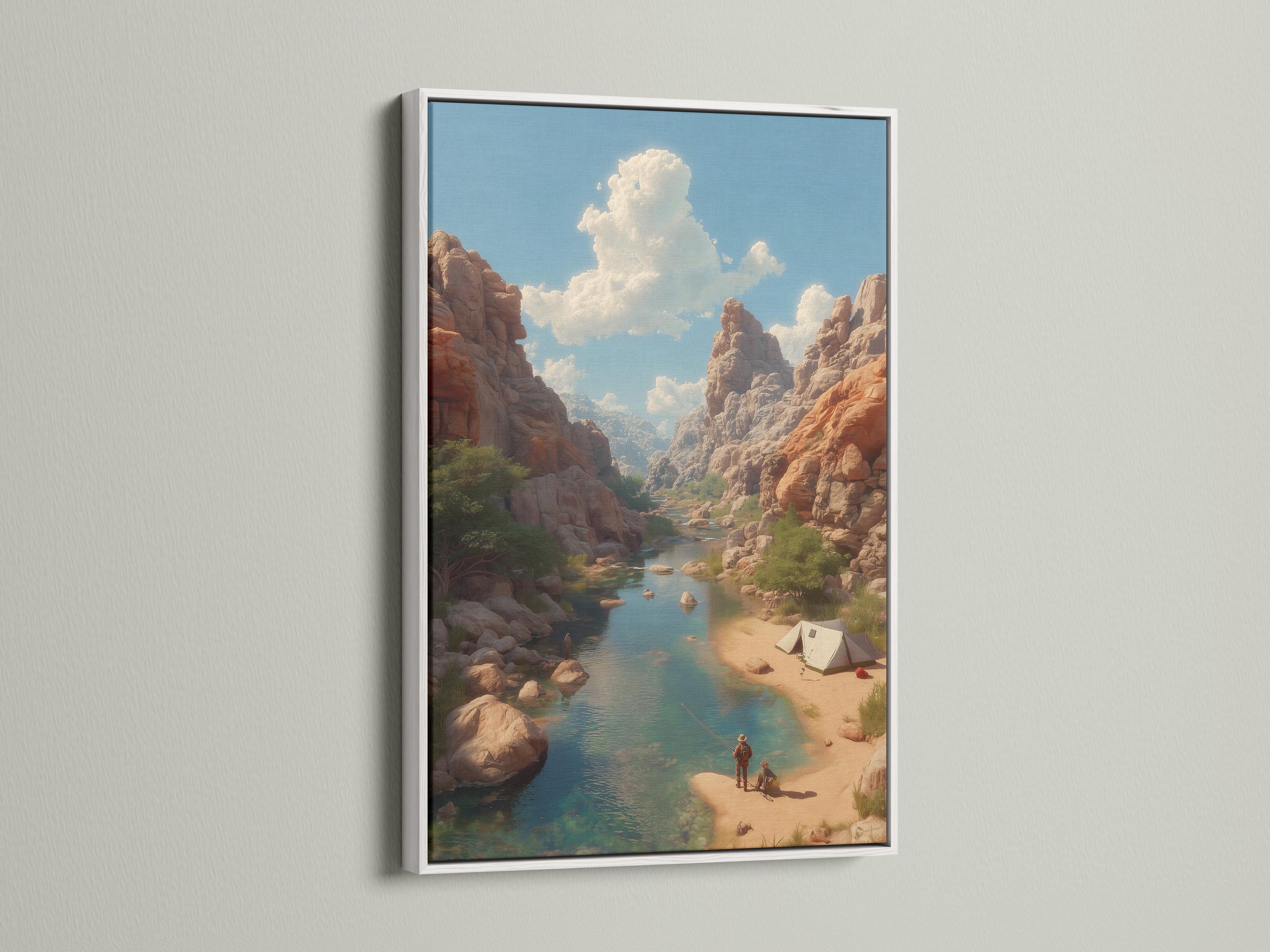 A framed desert canyon river landscape displayed with smaller preview images around it