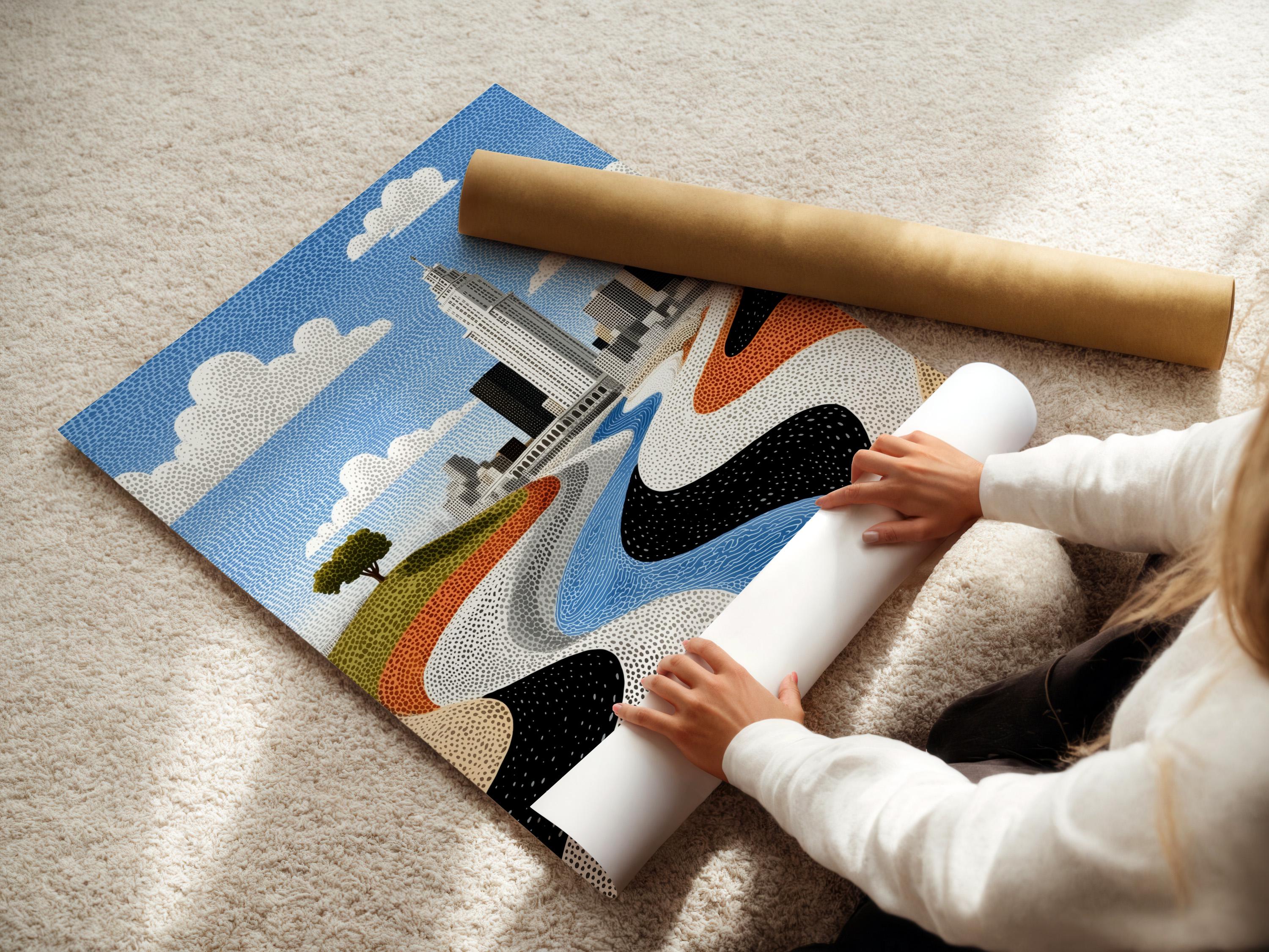 Room mockup showing a framed cityscape artwork with a blue river and skyline
