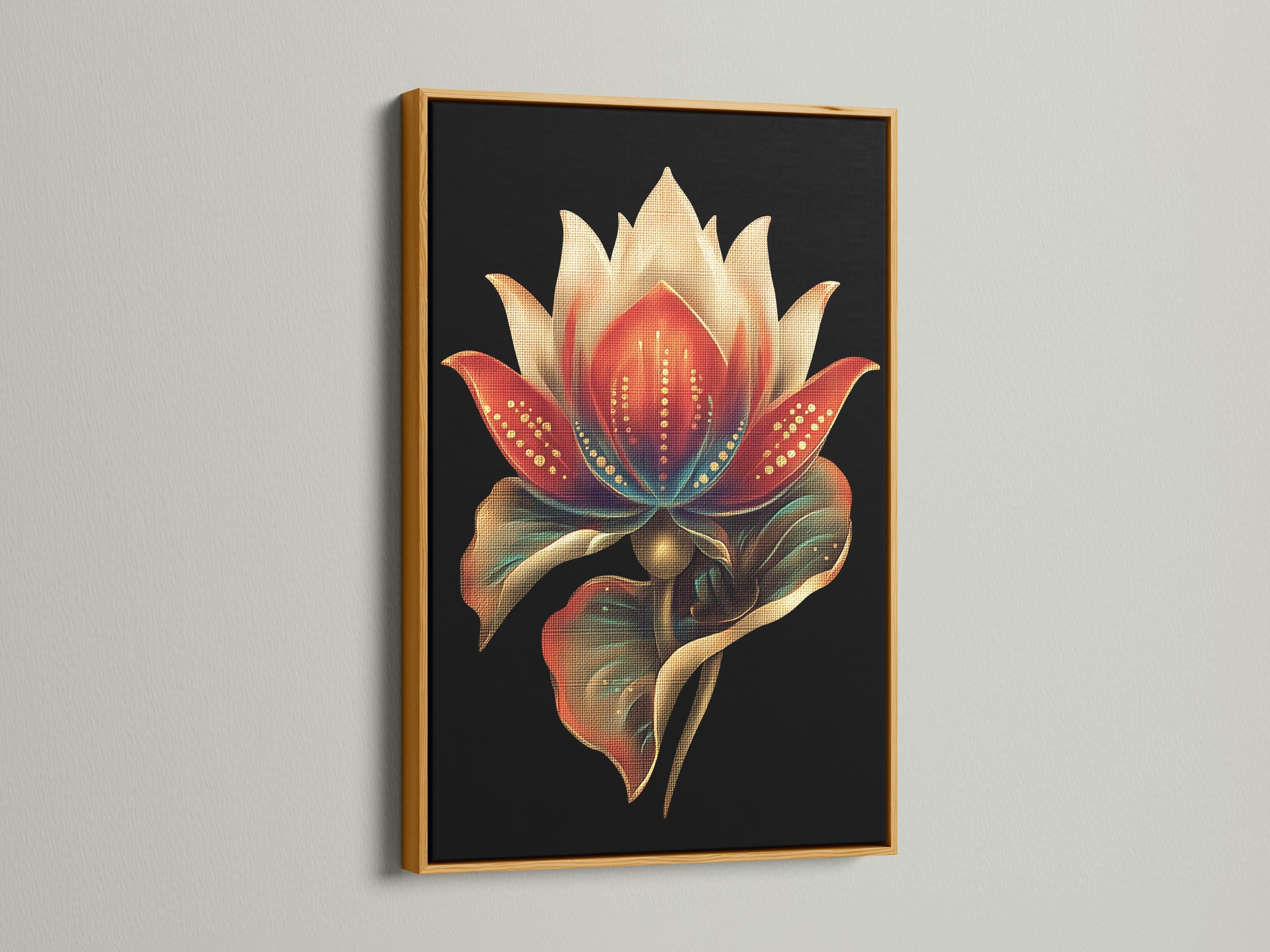 Person in a beige outfit standing beside a plant, with a lotus flower framed artwork above a wooden bench