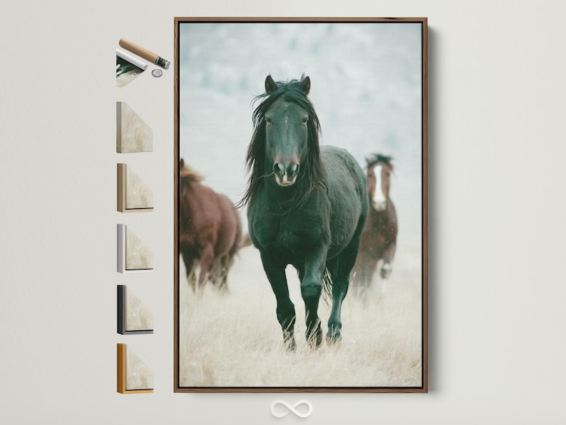 Muted green horse portrait with a pale misty background and a blurred second horse