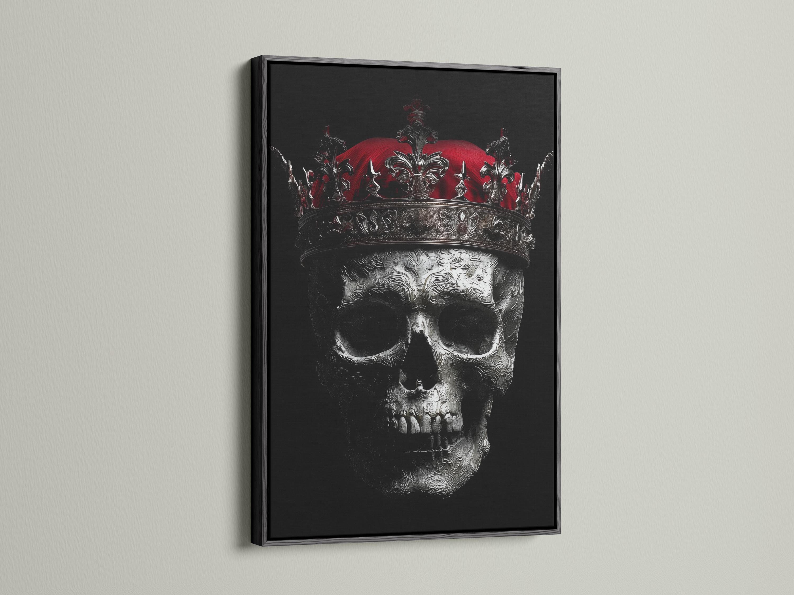 Dark gothic skull wall art mockup with ornate crown and red moon