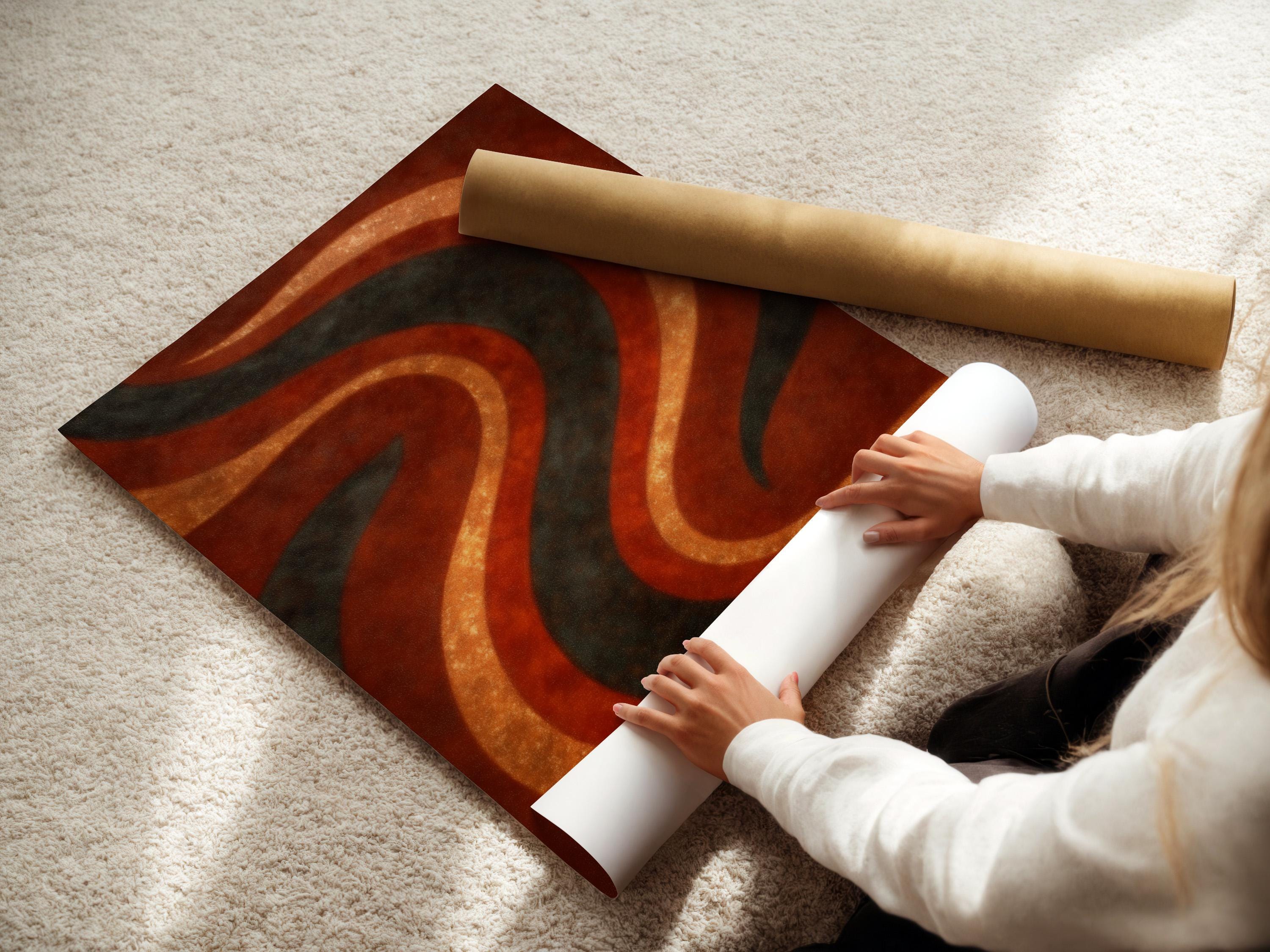 Abstract wave pattern with rust orange and amber gold curves and dark charcoal lines detail view
