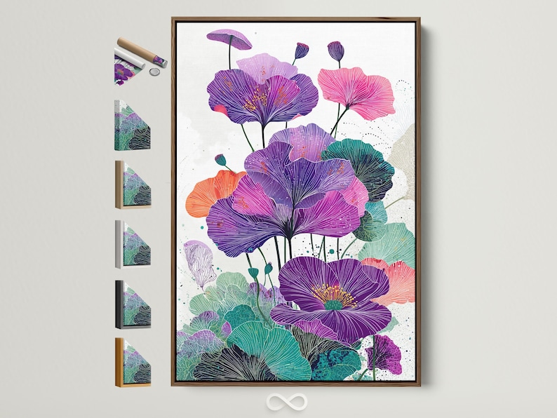 Stylised purple and pink flowers with teal leaves on a light speckled background