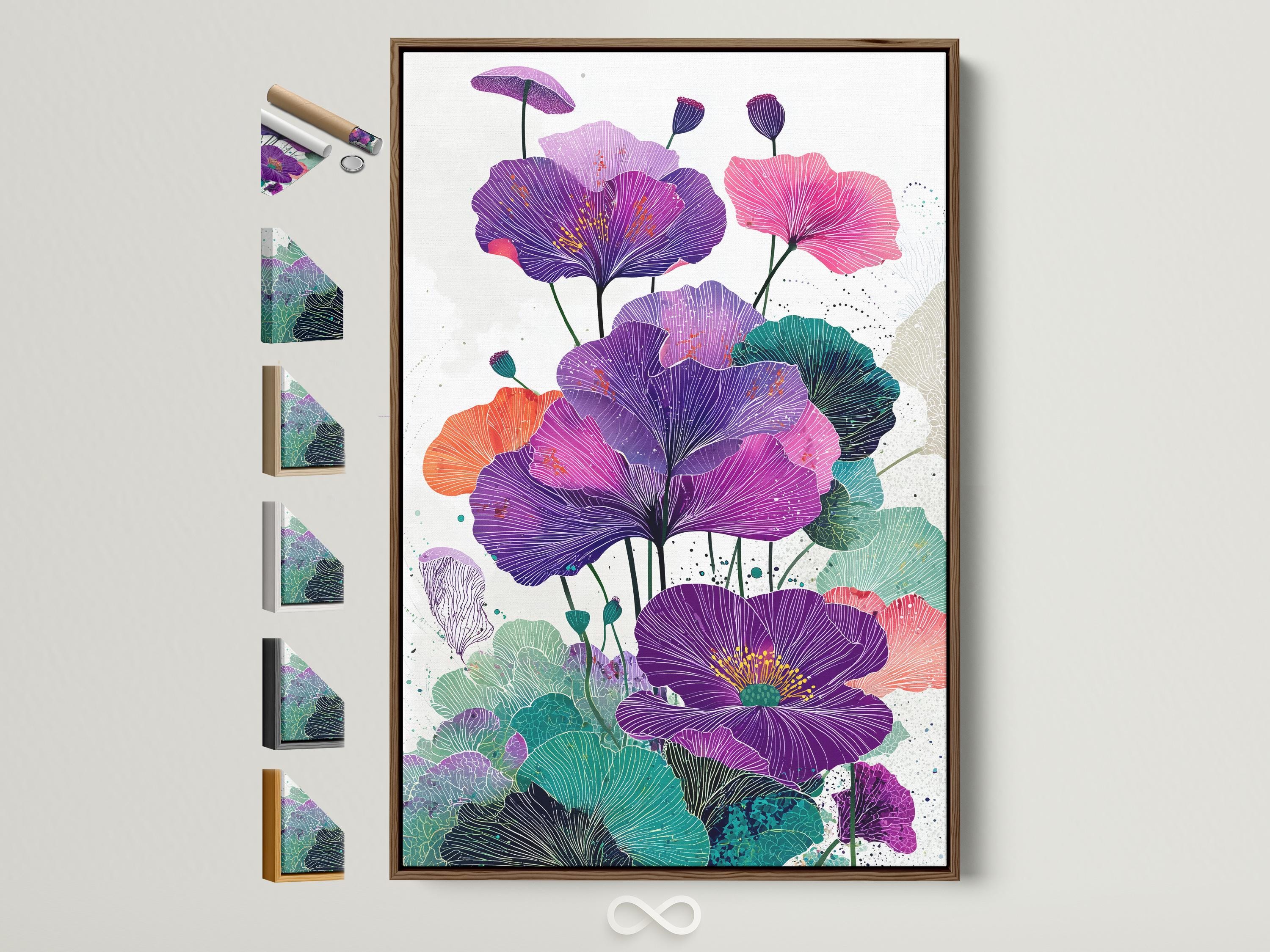 Stylised purple and pink flowers with teal leaves on a light speckled background