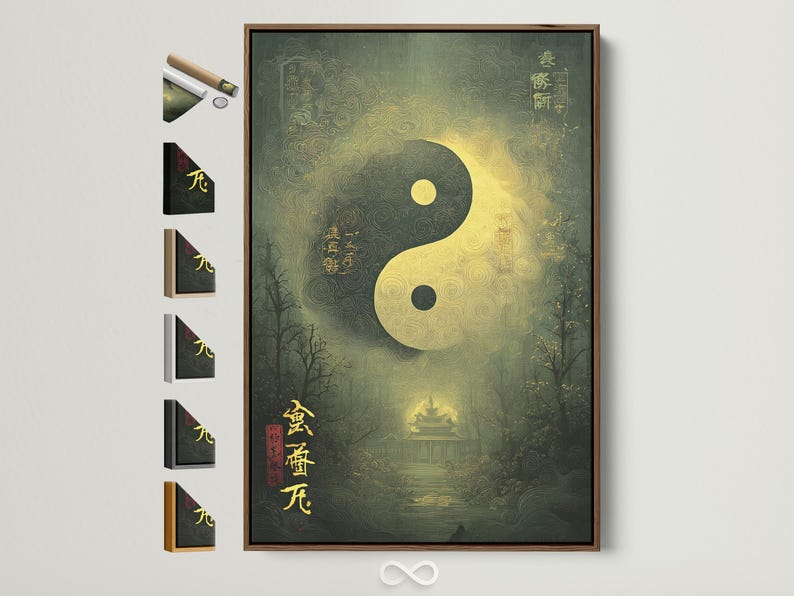 Green and gold yin-yang symbol with swirling patterns over a misty forest background