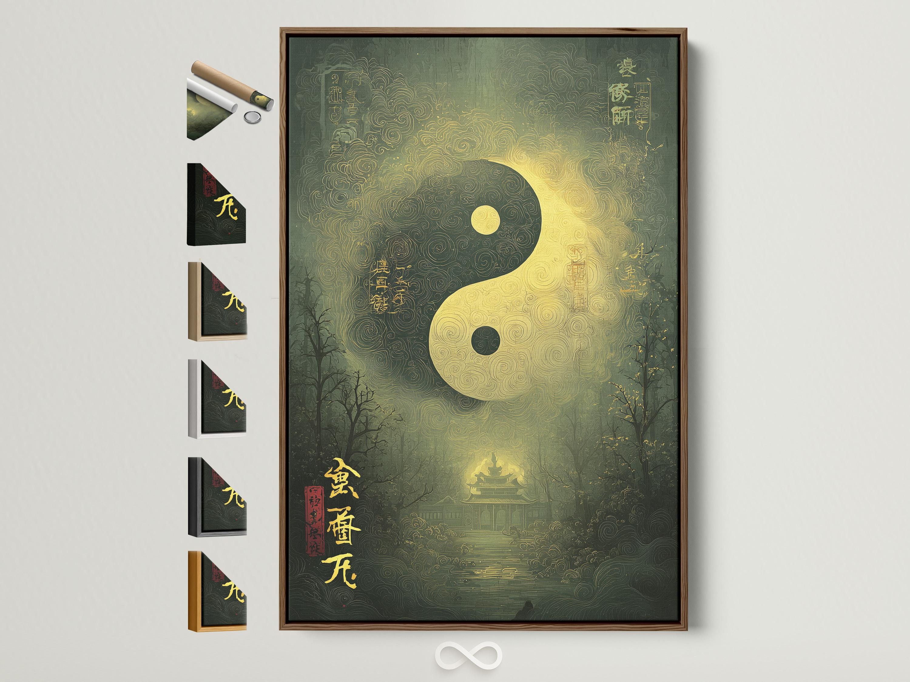 Green and gold yin-yang symbol with swirling patterns over a misty forest background