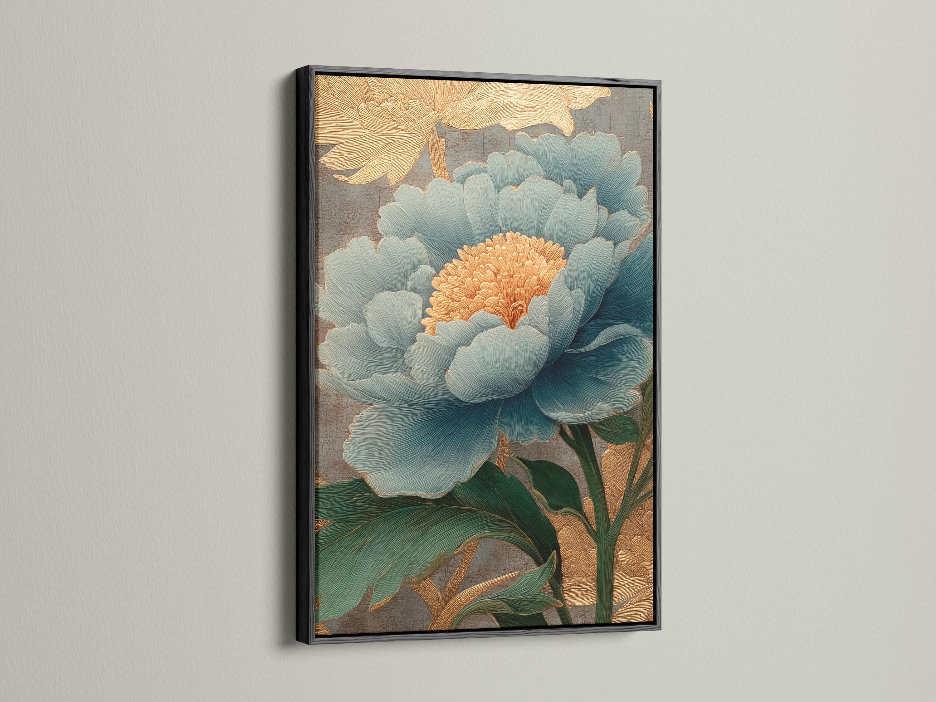Teal peony with gold accents and green leaves on a textured grey background detail view