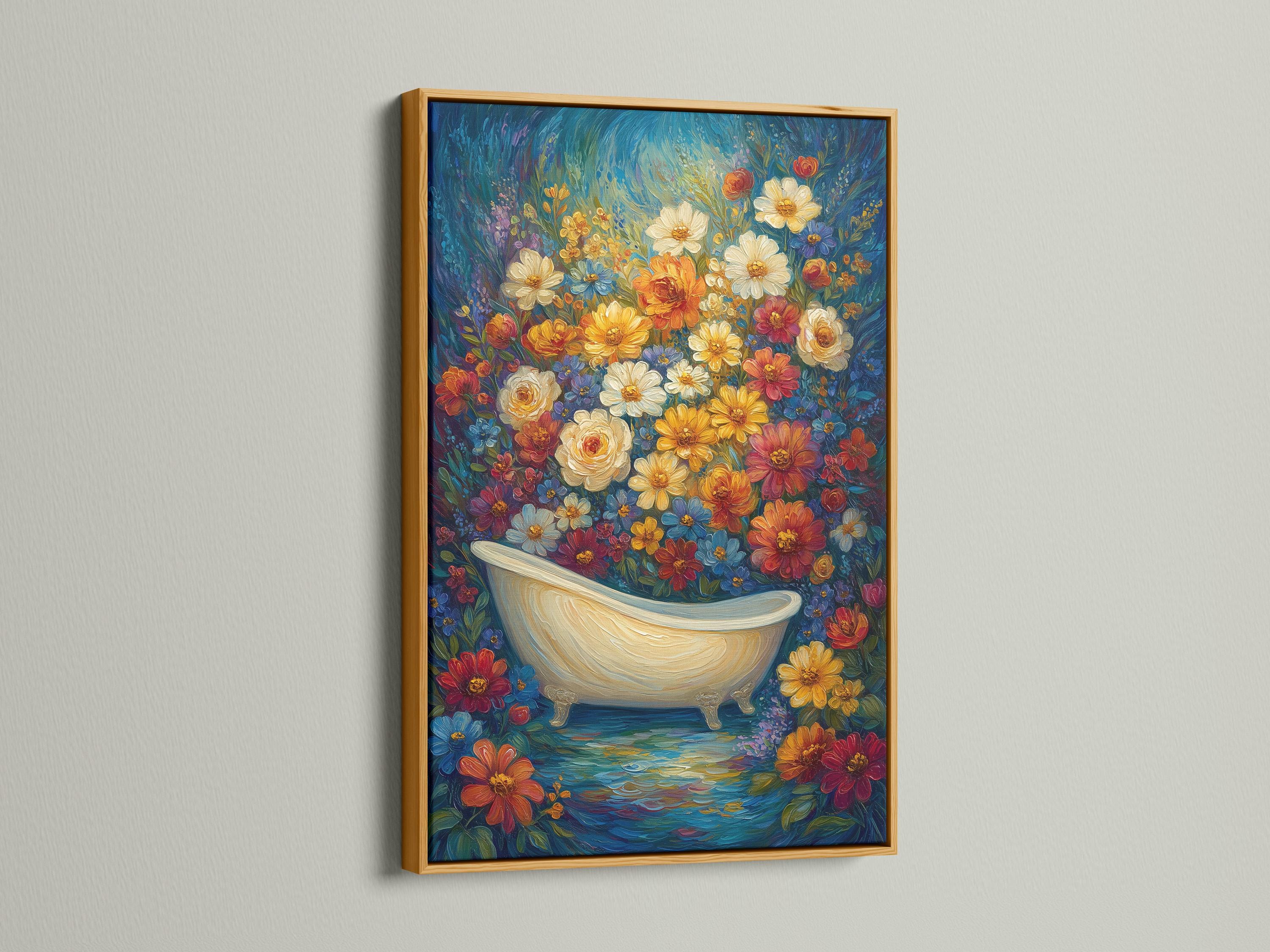 Bathroom wall mockup showing floral bathtub wall art