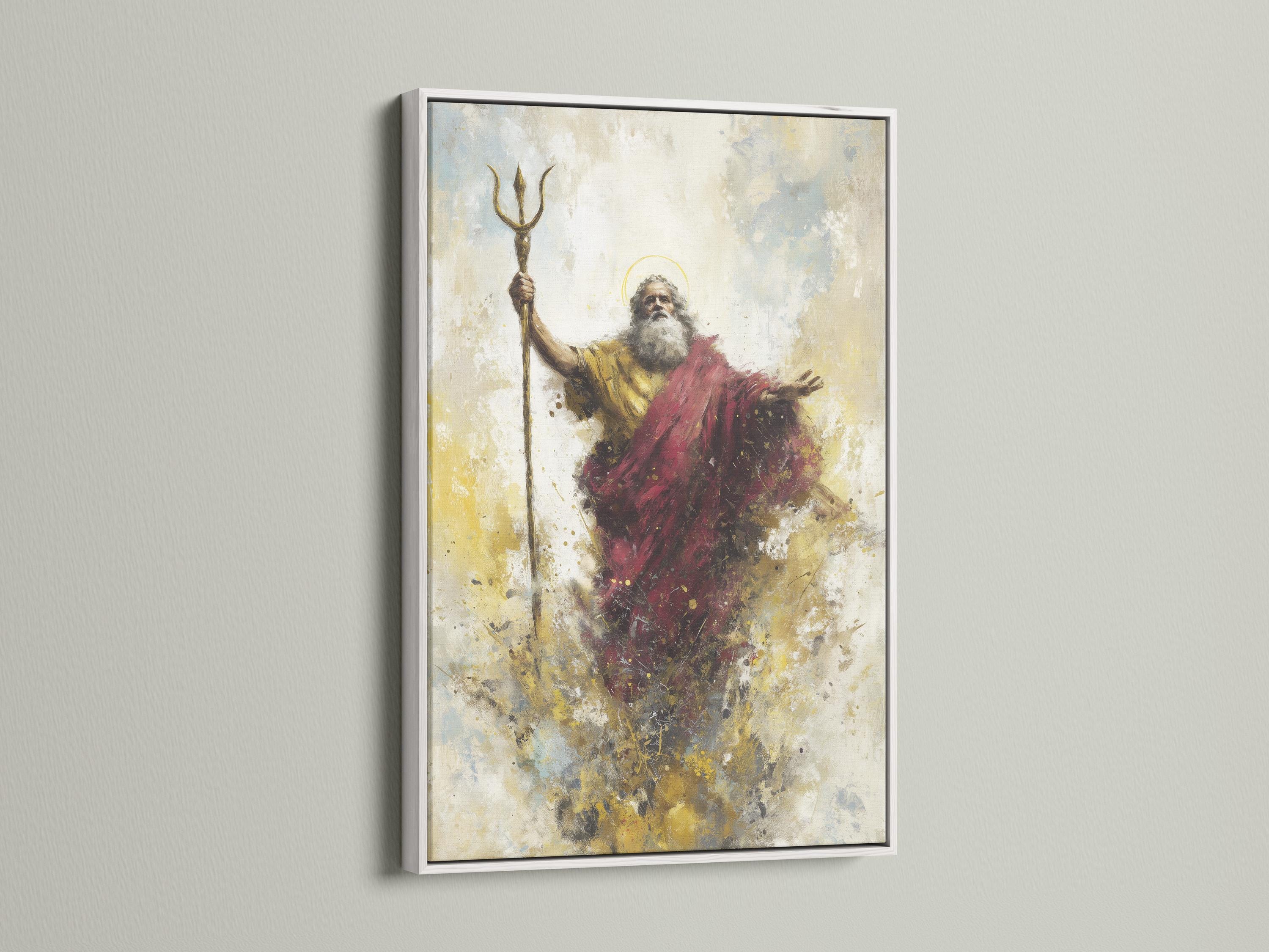Mythological bearded figure holding an upright trident, wearing a red cloak on a textured beige background detail view