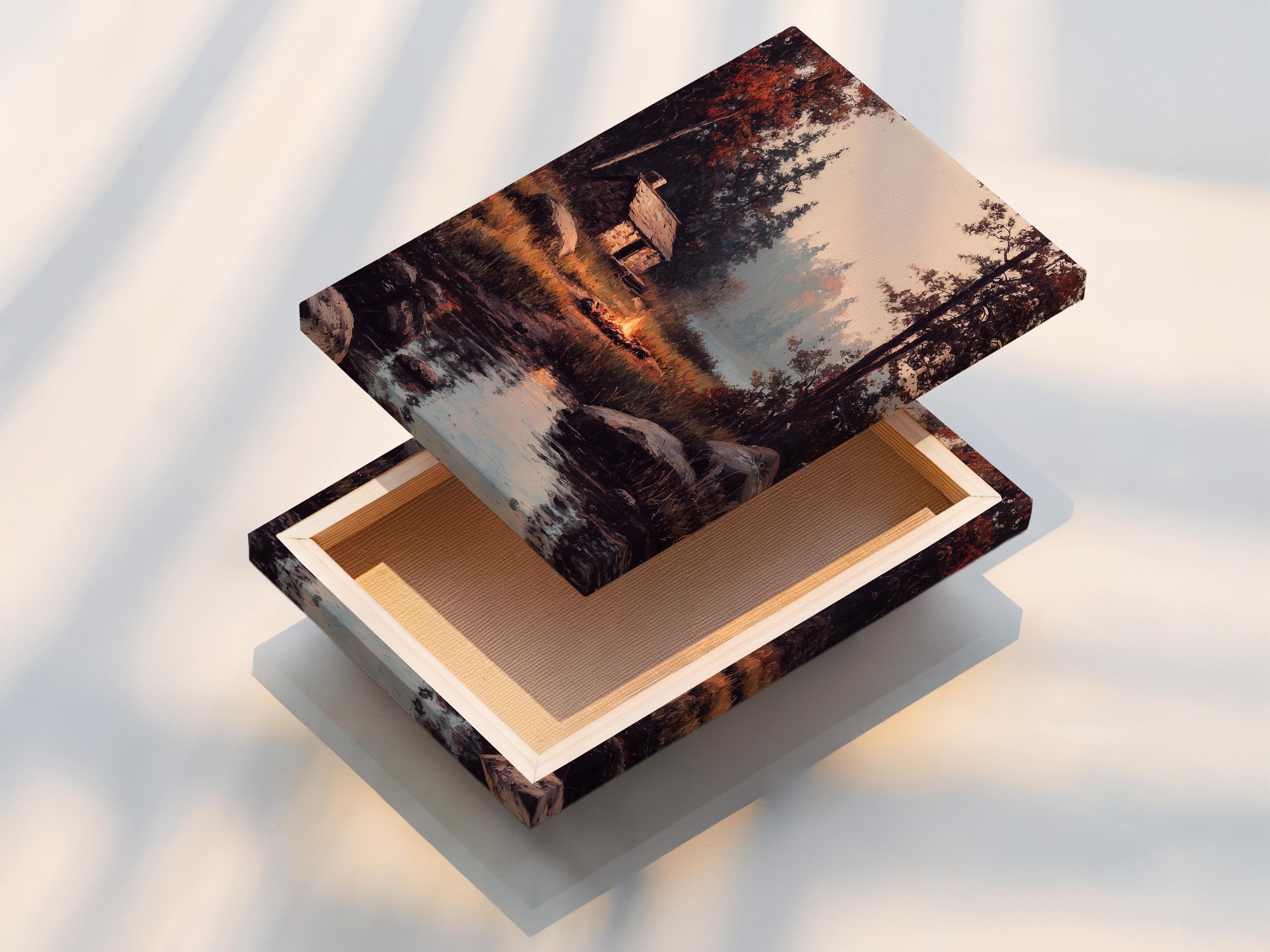 Wood-framed artwork of a rustic cabin scene in a product mockup view