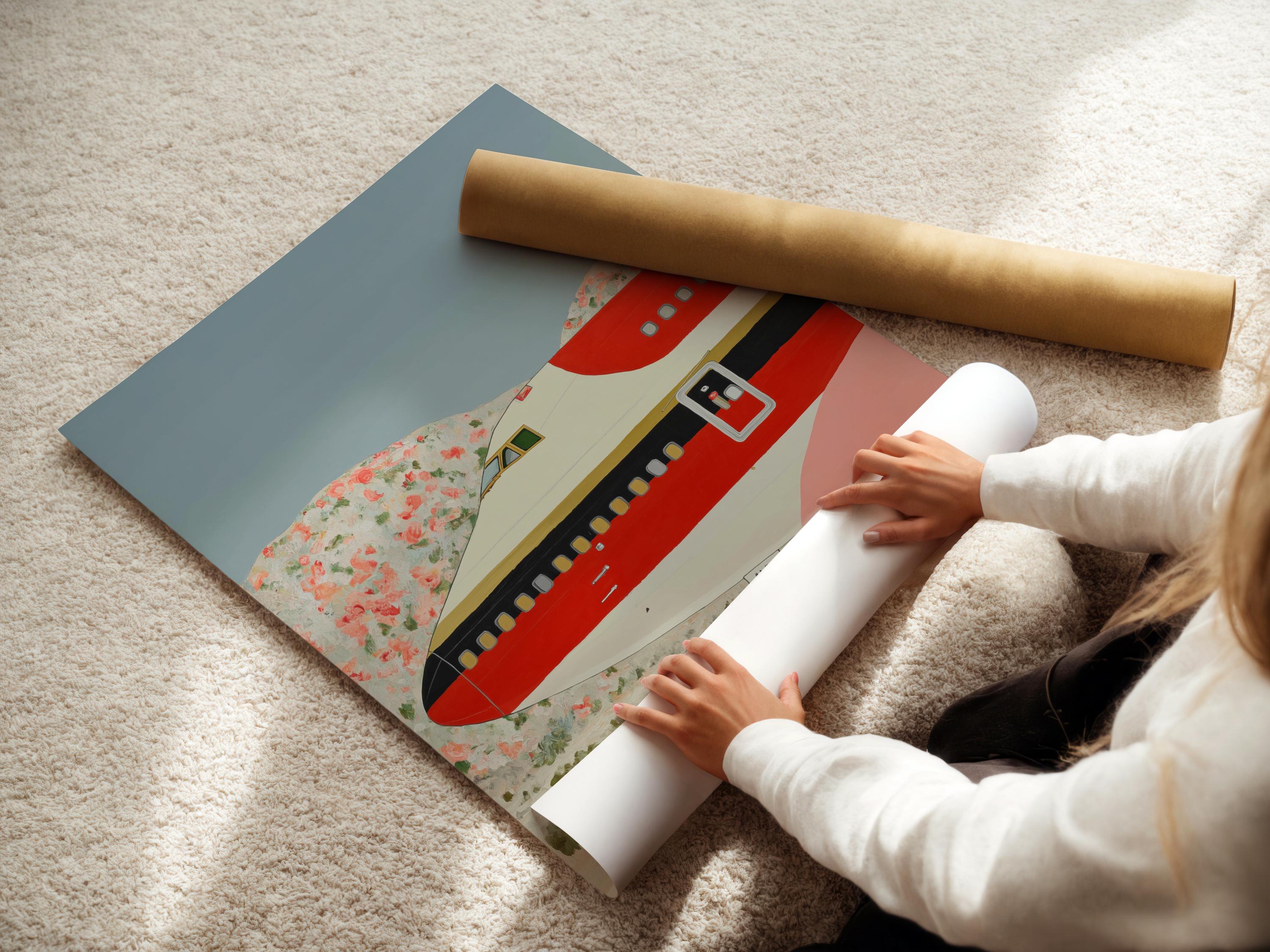 Red retro airplane illustration over a pastel landscape with floral details detail view