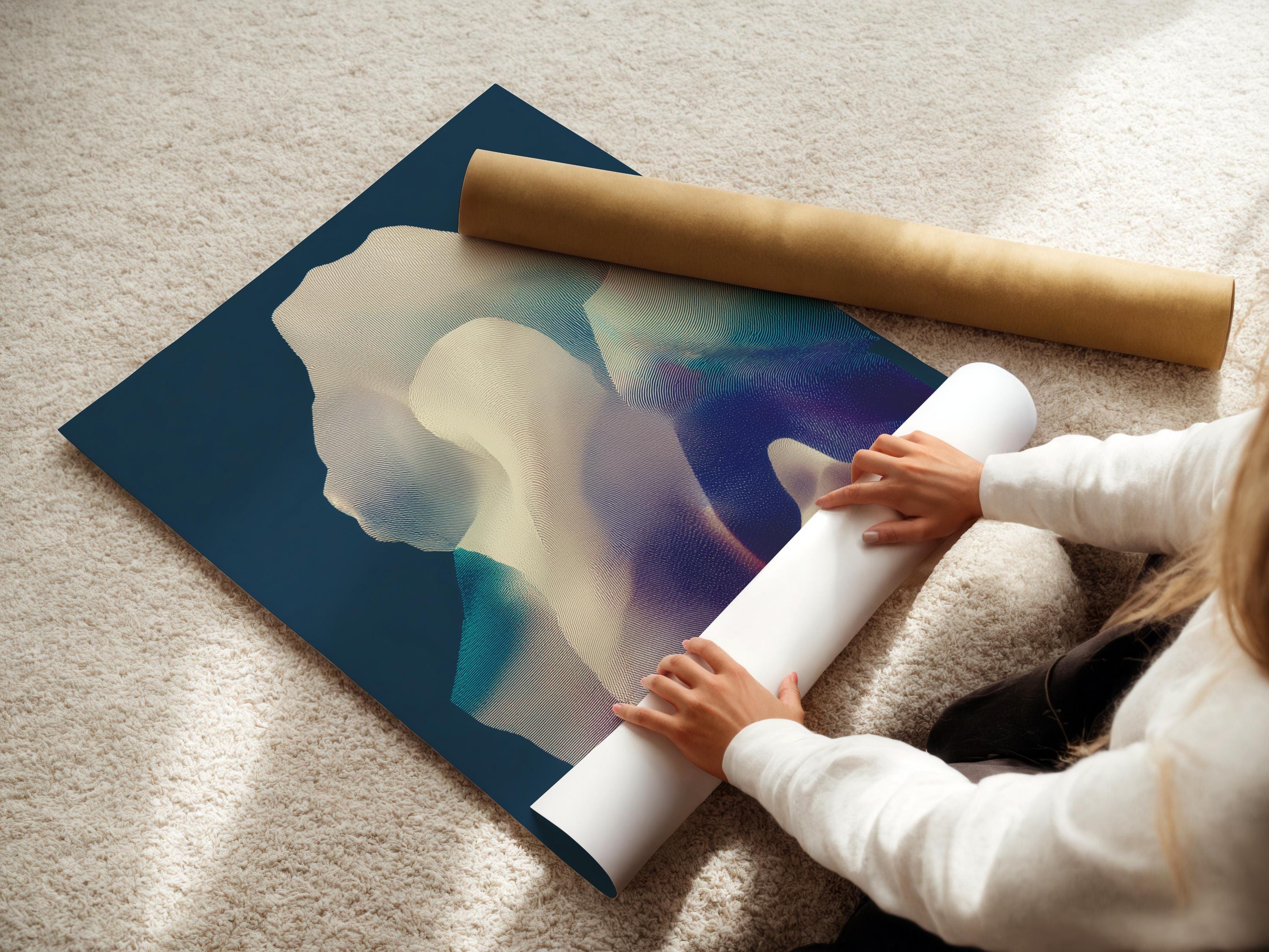 Room mockup showing navy blue abstract artwork on a wall with several frame options nearby