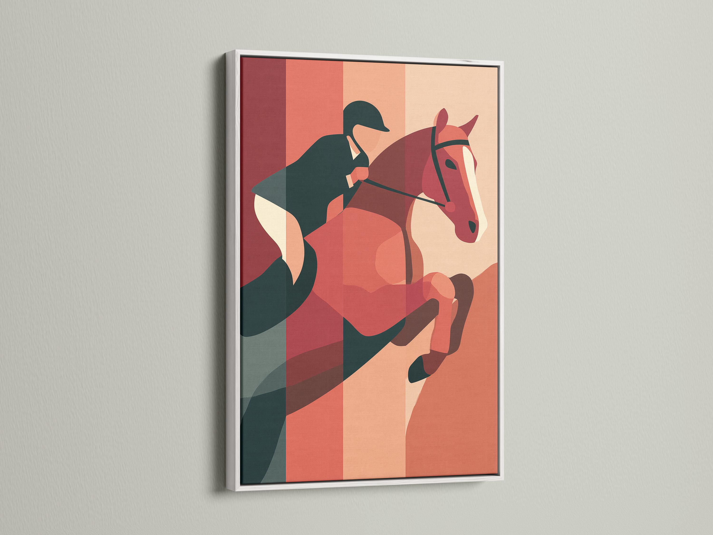 Geometric horse artwork with terracotta, pink and teal blocks detail view