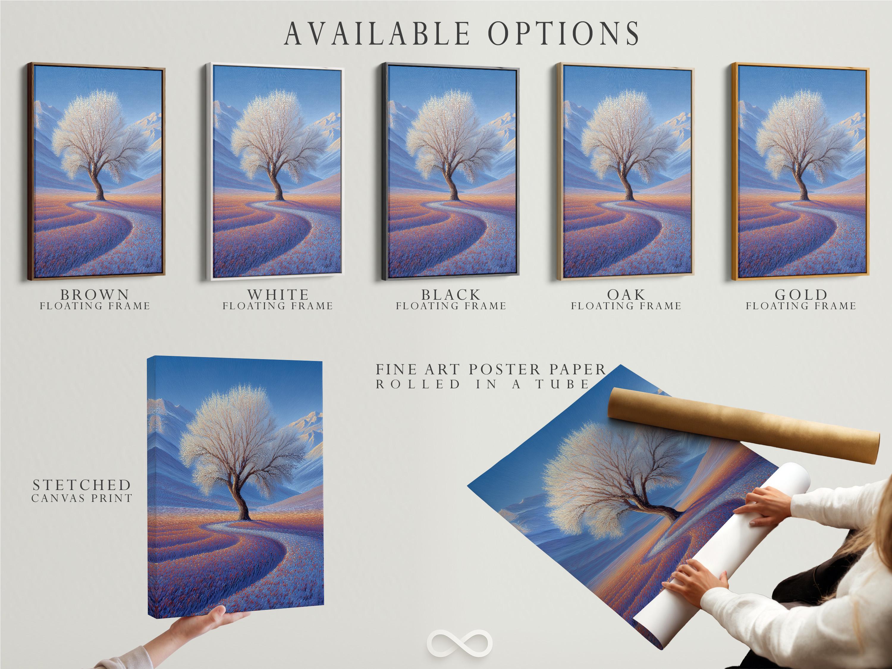 Lone leafless tree in a blue winter landscape with snowy hills and a warm orange horizon glow detail view