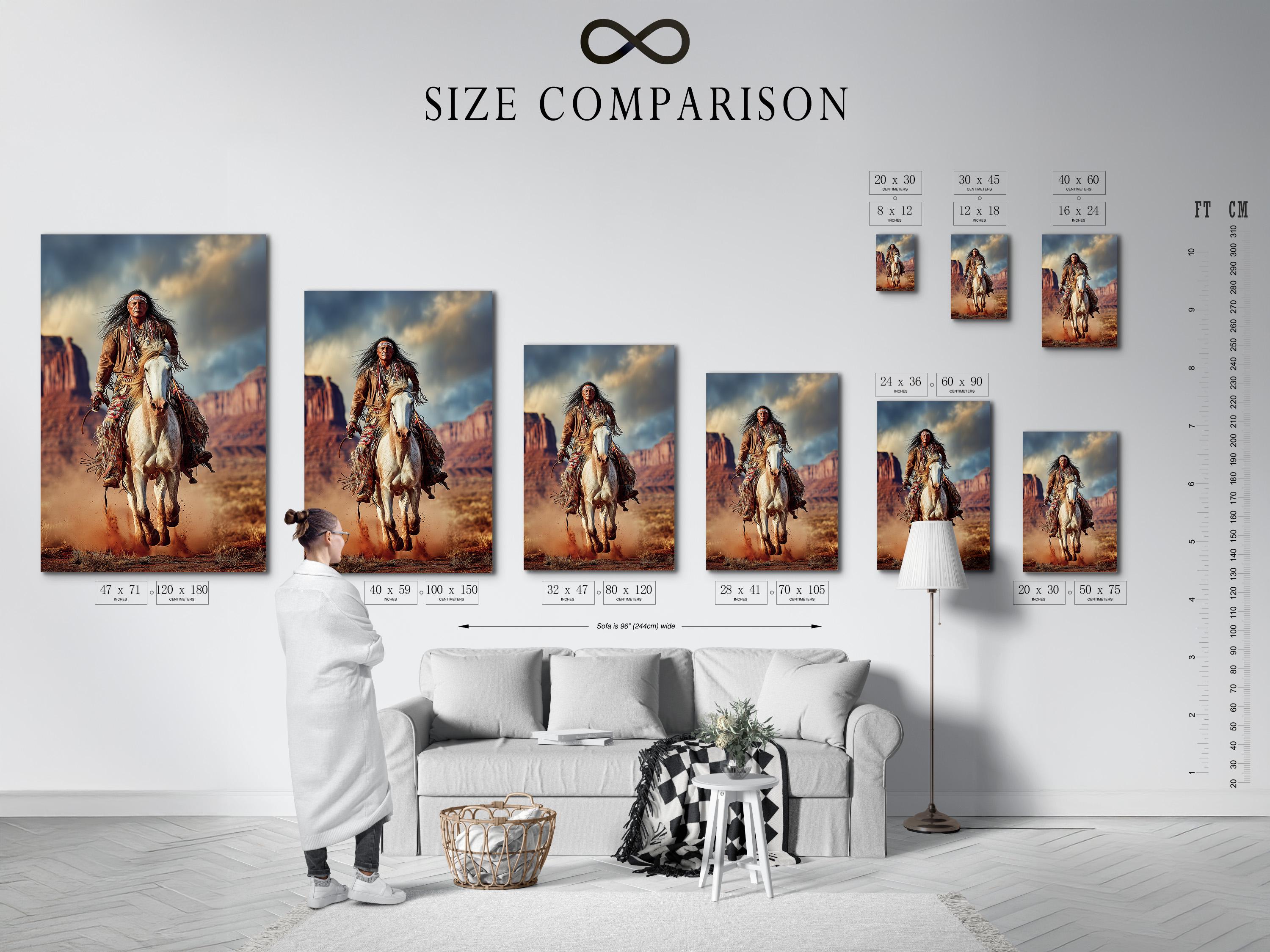 Artwork featuring a rider on a white horse charging through a dusty desert landscape, shown in a room mockup
