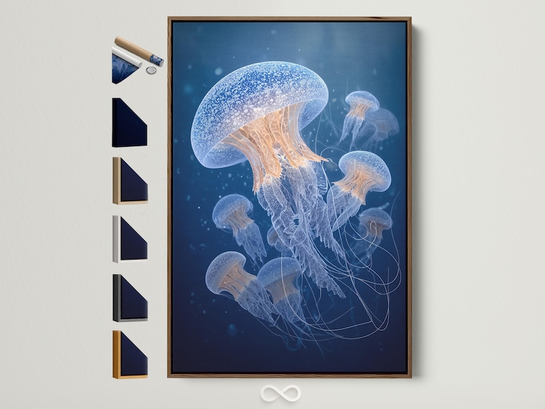 Blue jellyfish drifting on a deep navy ocean background with trailing tentacles