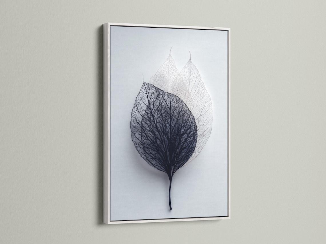 Skeletonised leaf illustration with fine vein linework in charcoal and grey on a pale blue-grey background detail view