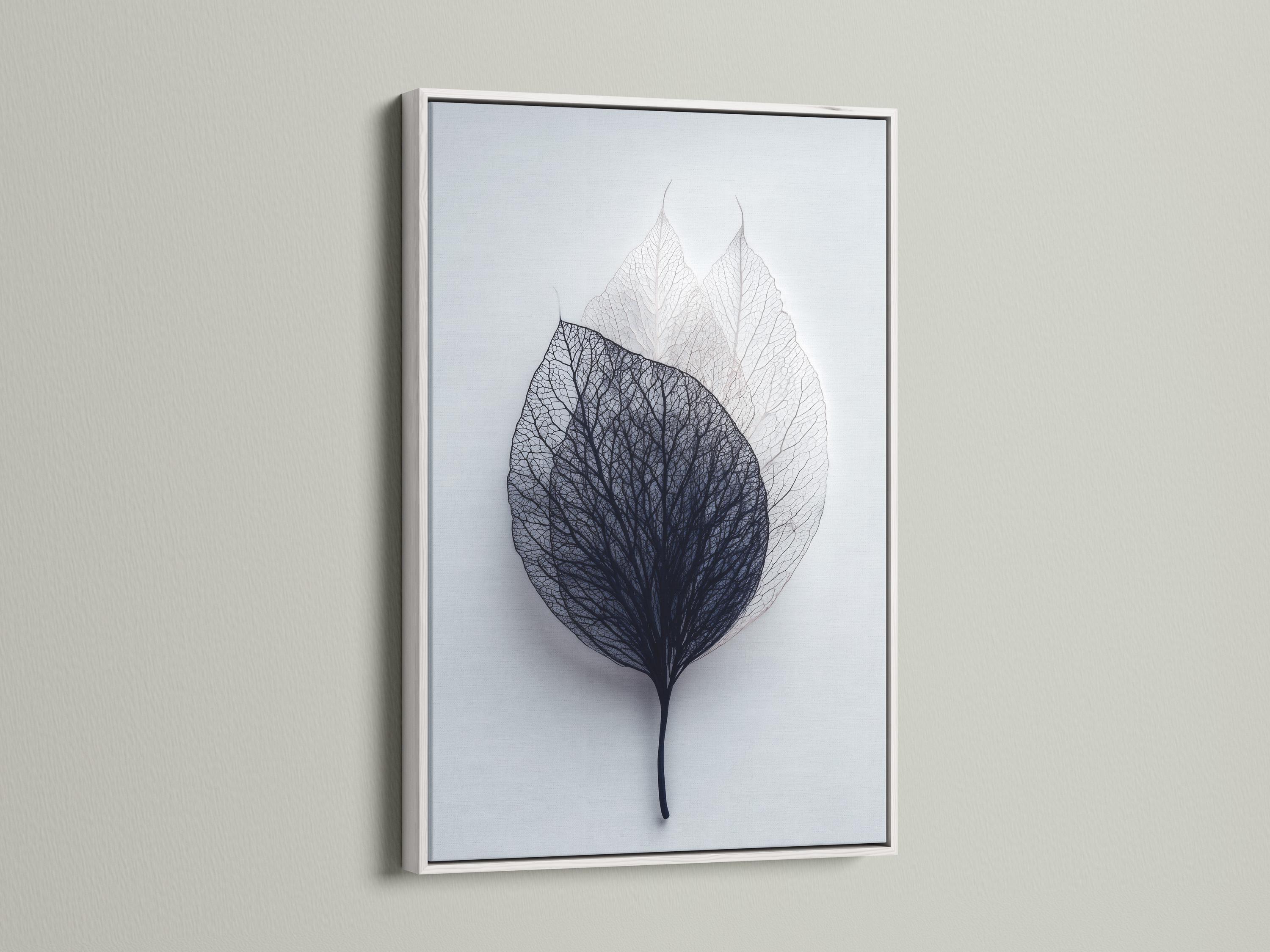 Skeletonised leaf illustration with fine vein linework in charcoal and grey on a pale blue-grey background detail view