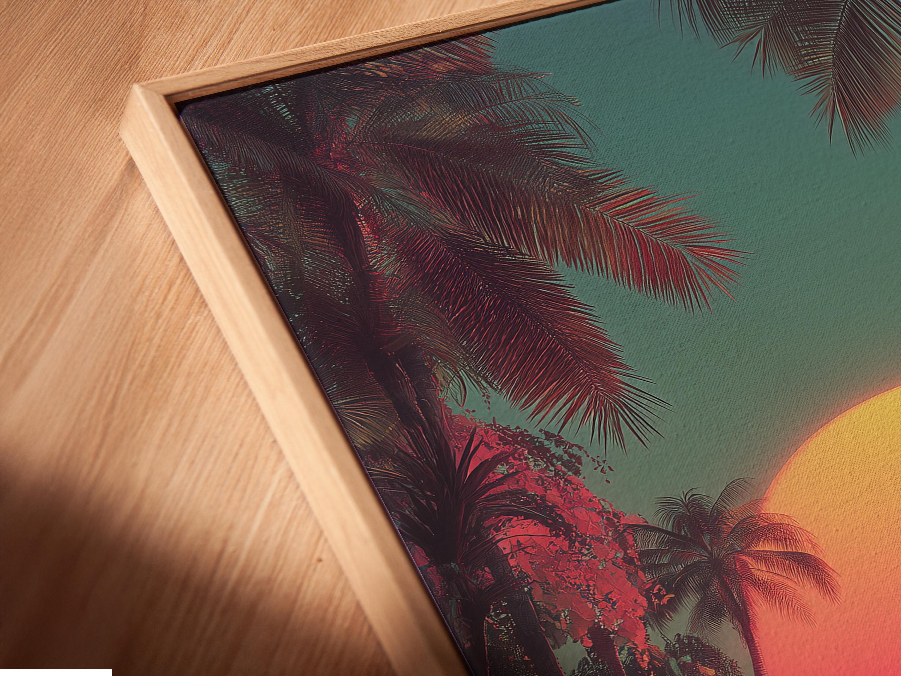 Mockup showing a framed retro tropical sunset seascape with palm trees and reflective water