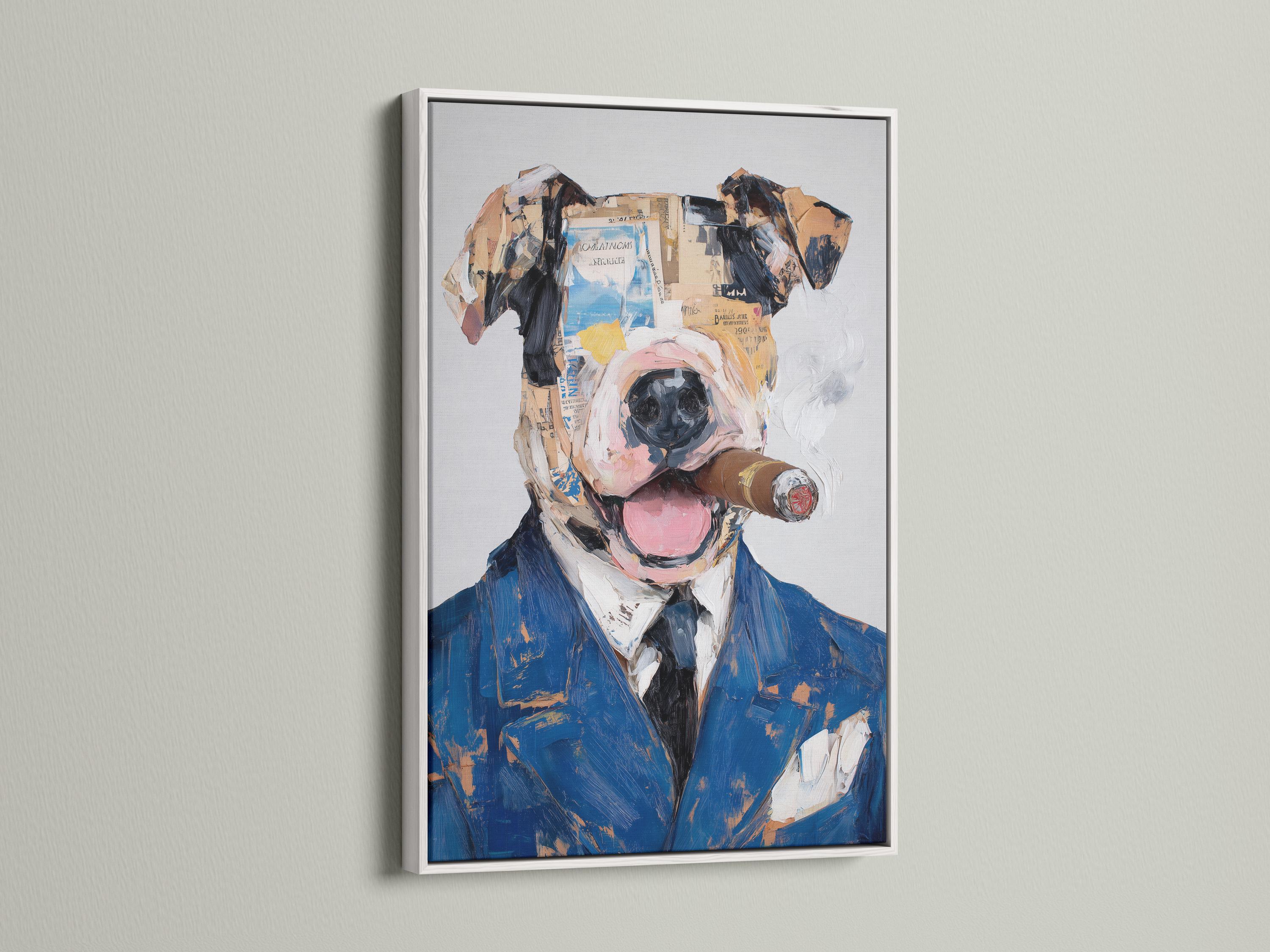Stylised dog portrait in a blue suit with painterly collage-like texture detail view