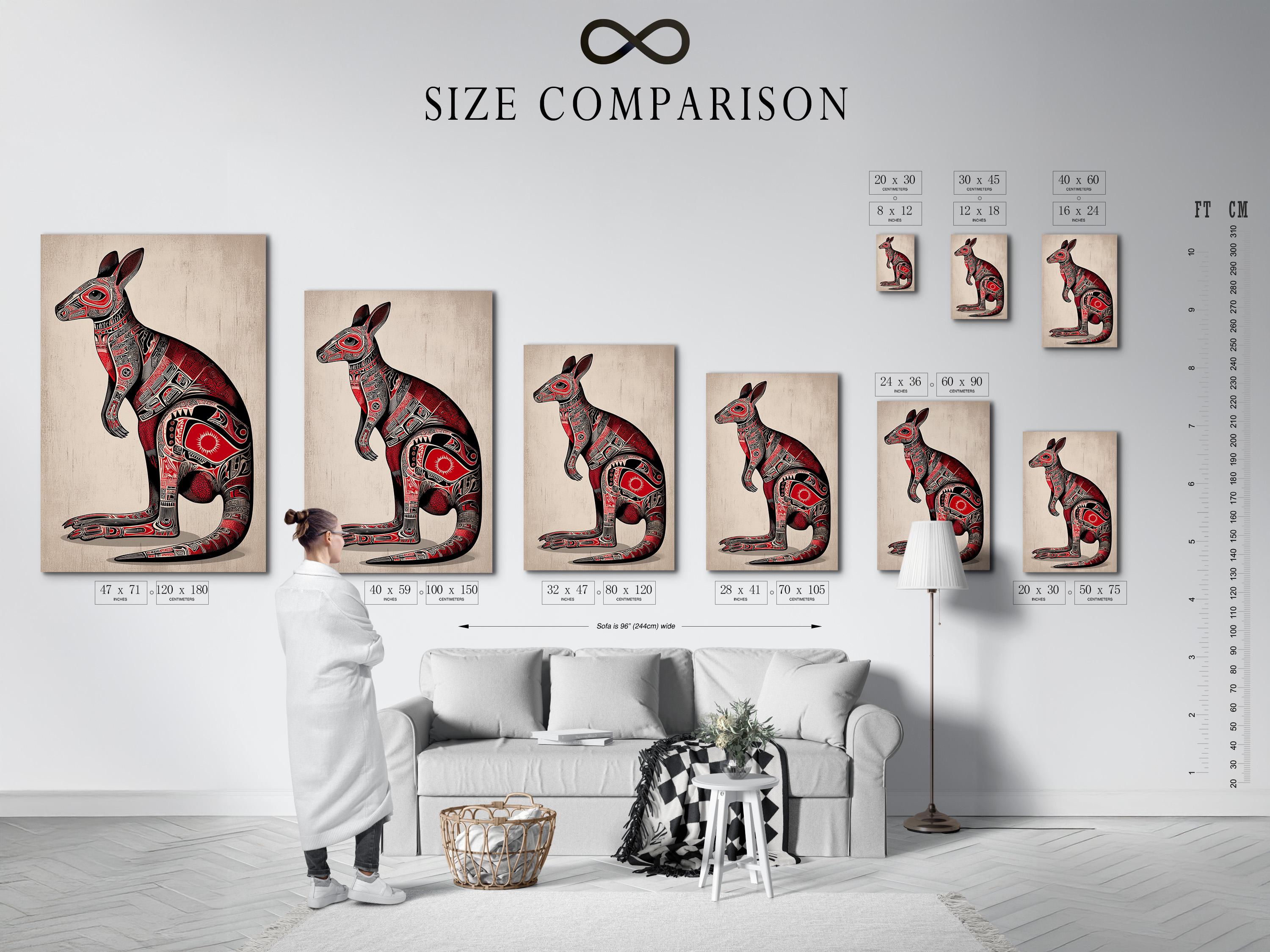 Stylised kangaroo illustration in black and red with detailed tribal patterns detail view