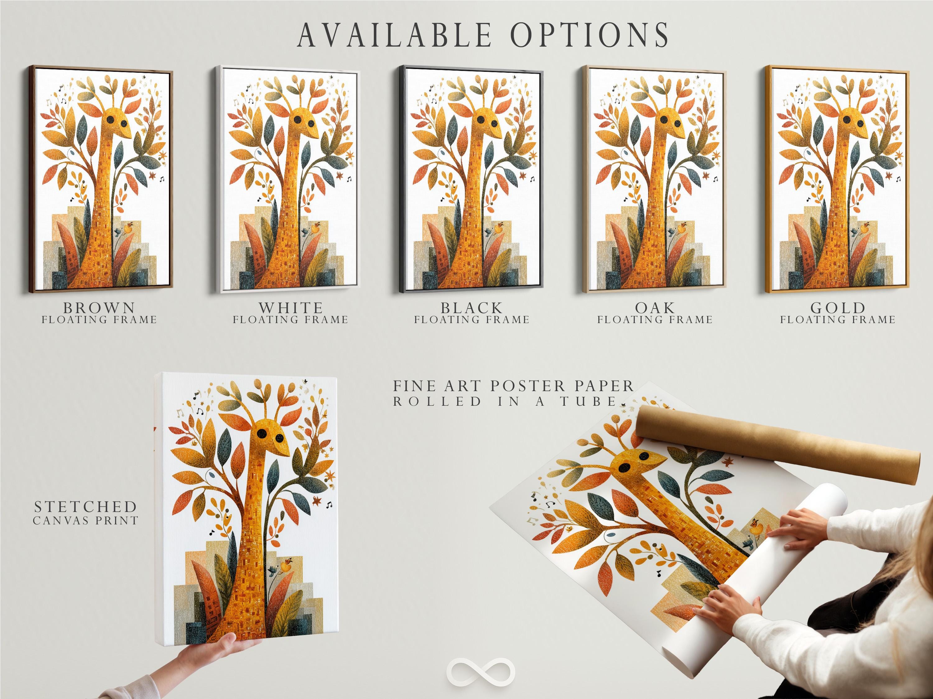 Framed giraffe and tree illustration with gold, orange and teal leaves plus music notes detail view