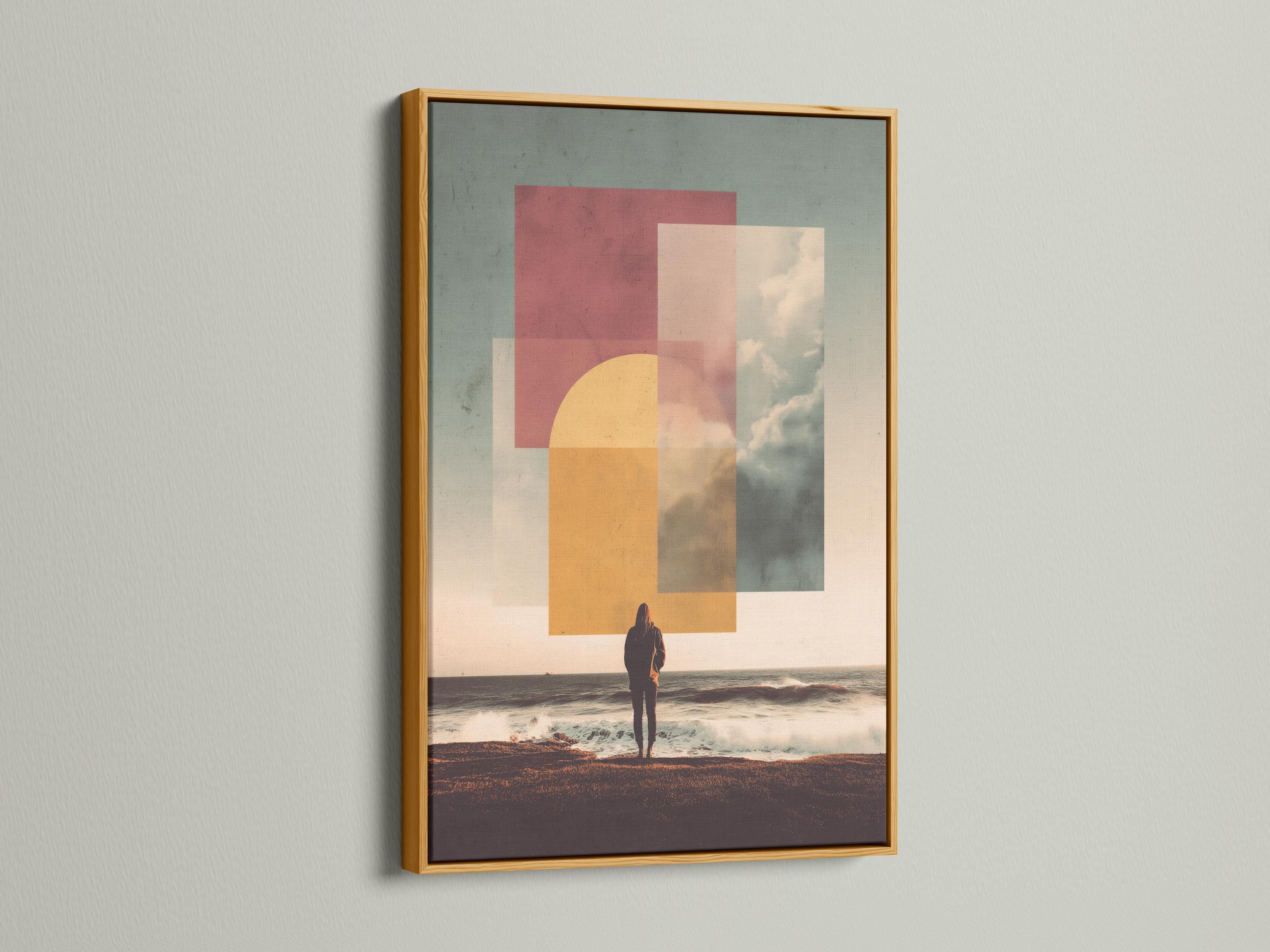Geometric ocean sunset seascape with a silhouetted figure on a sandy shore detail view