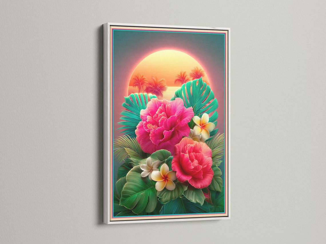 Tropical floral artwork with pink hibiscus flowers, teal palm leaves and a glowing sunset halo detail view
