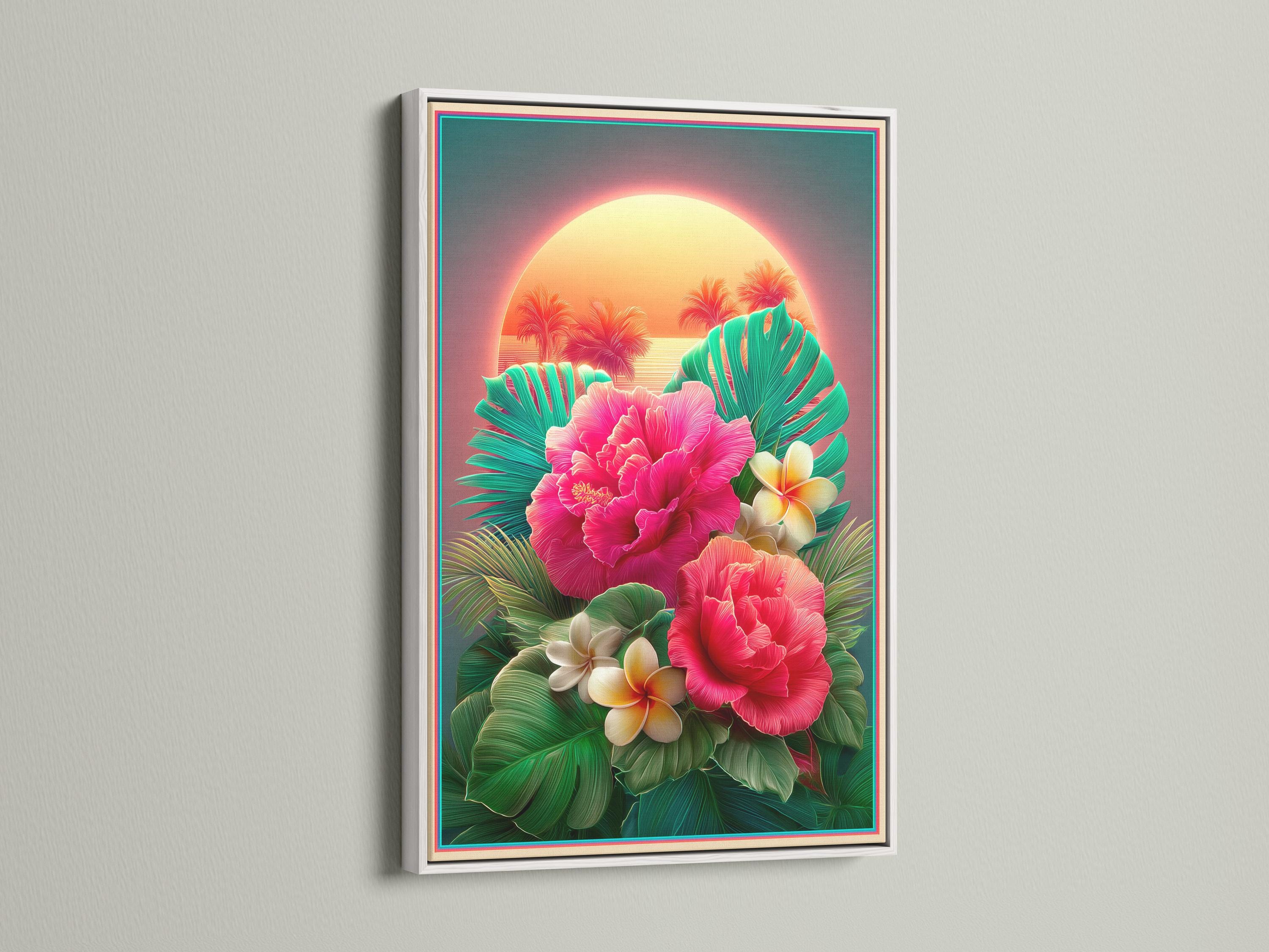 Tropical floral artwork with pink hibiscus flowers, teal palm leaves and a glowing sunset halo detail view