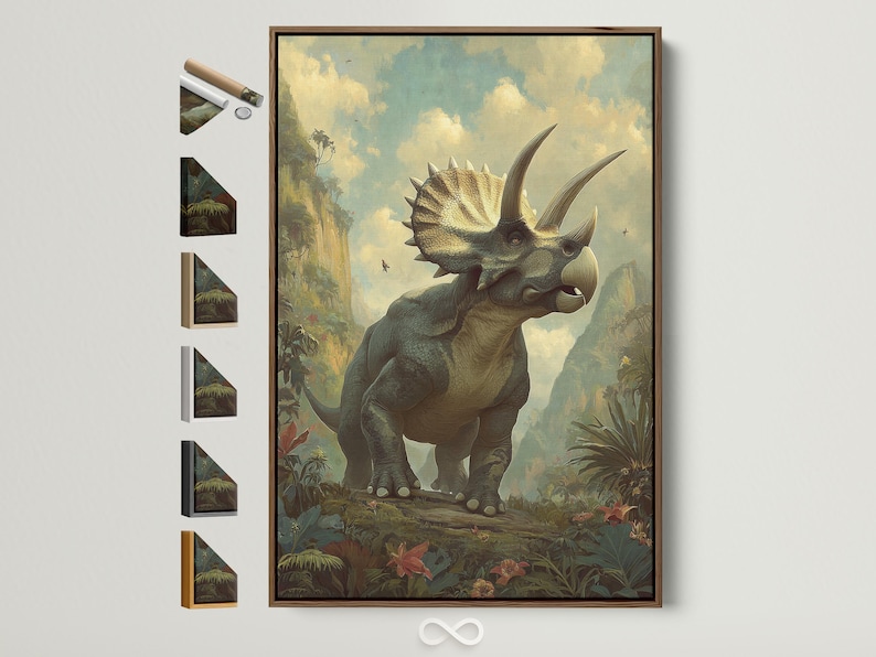 Triceratops standing in a prehistoric jungle with muted green foliage and a pale sky
