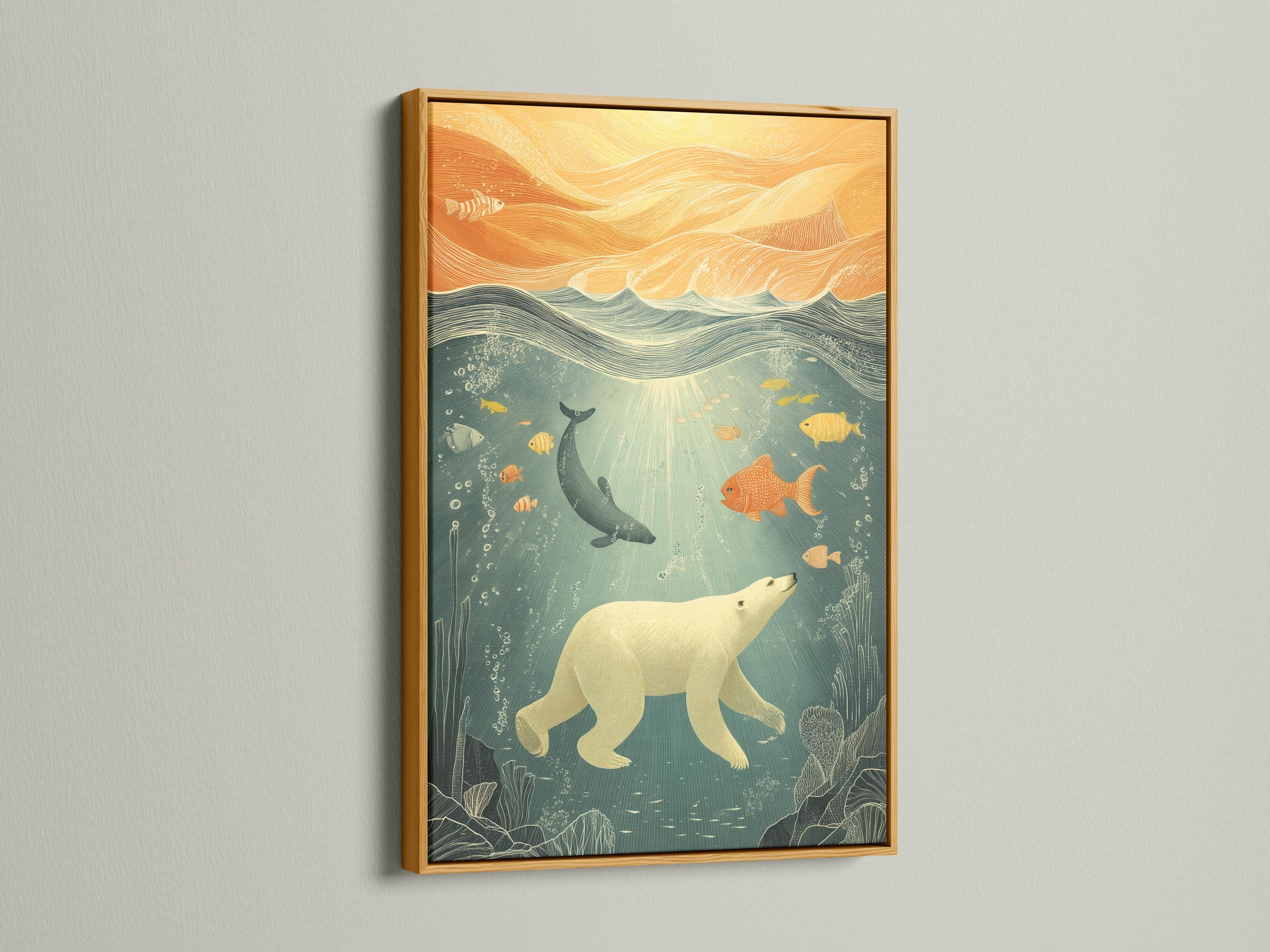Underwater scene with a polar bear, fish and a whale in seafoam teal and warm gold waves detail view