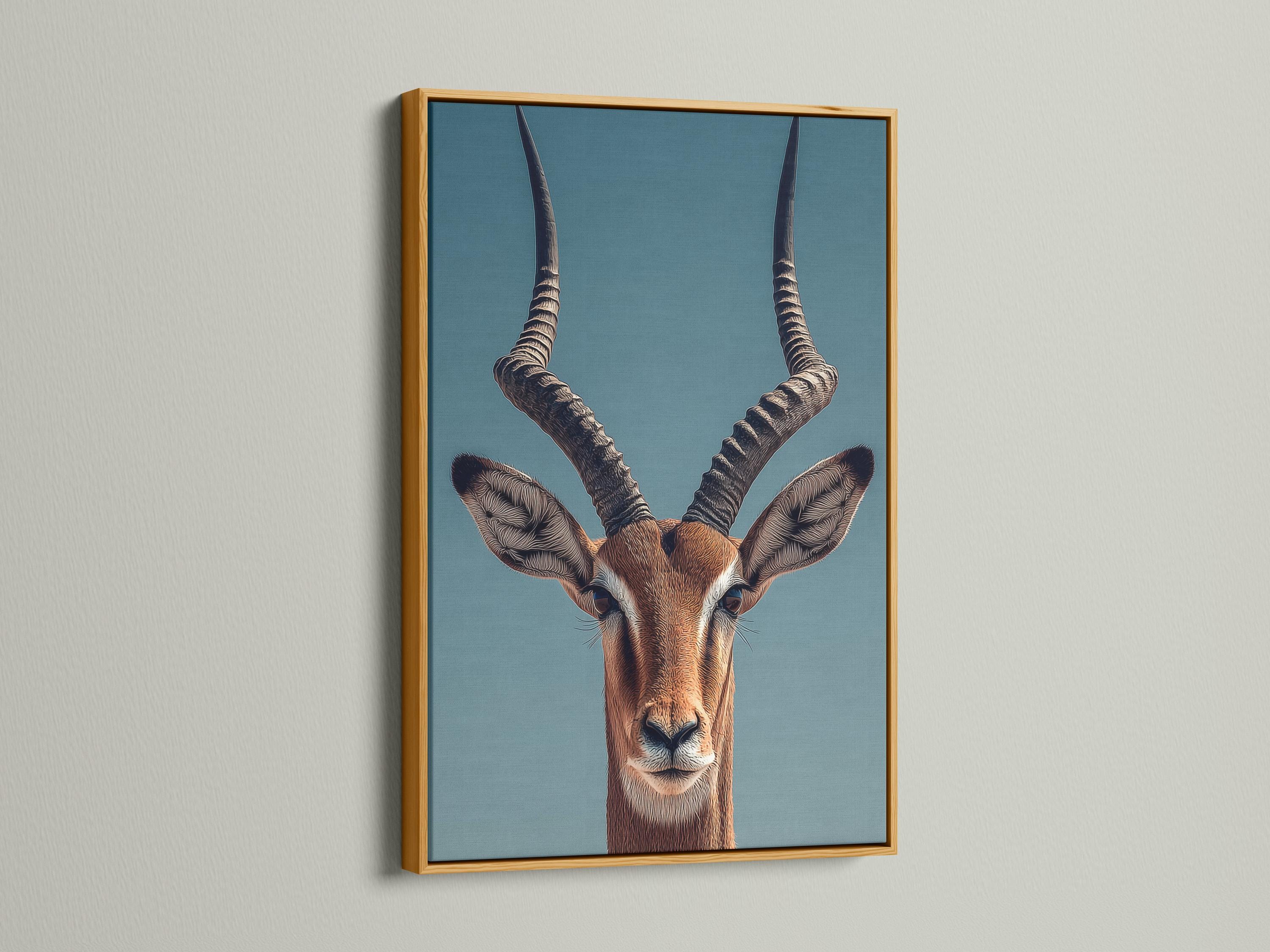 Antelope portrait illustration with long curved horns on a teal background detail view