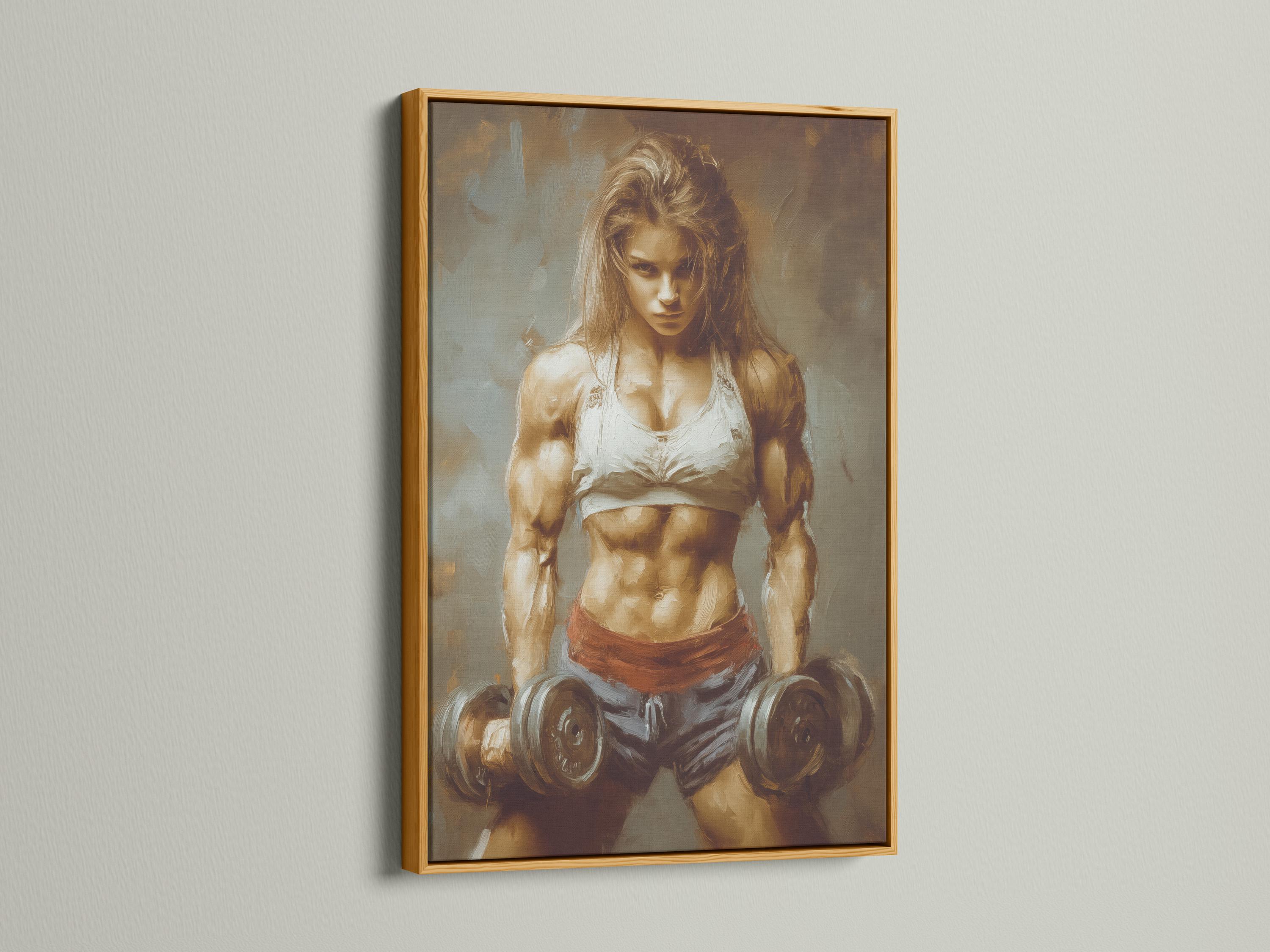 Gym or wellness room mockup showing a wall artwork of a muscular woman lifting dumbbells