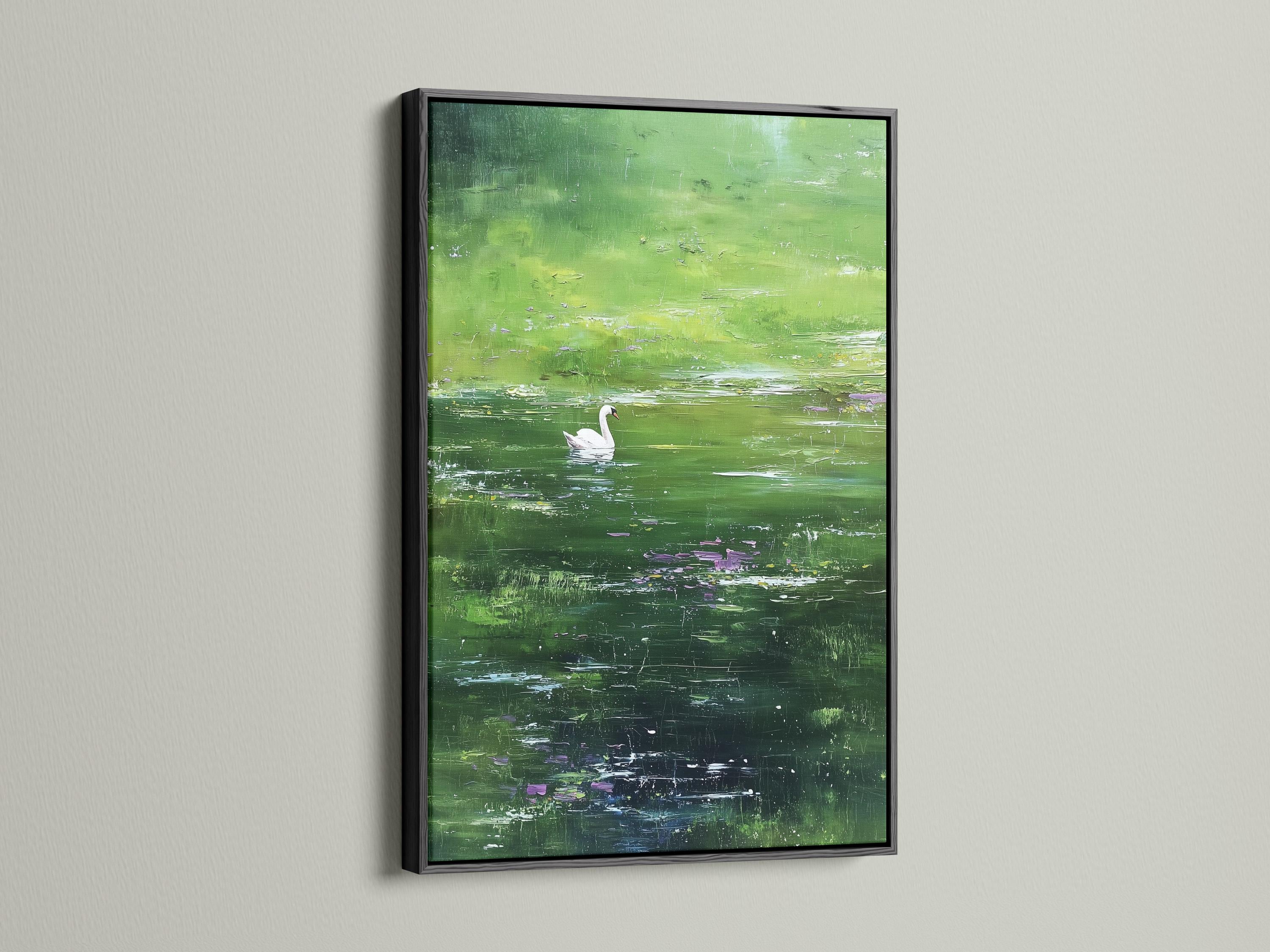 White swan in a green pond painting with lily pads and small purple-pink blossoms detail view