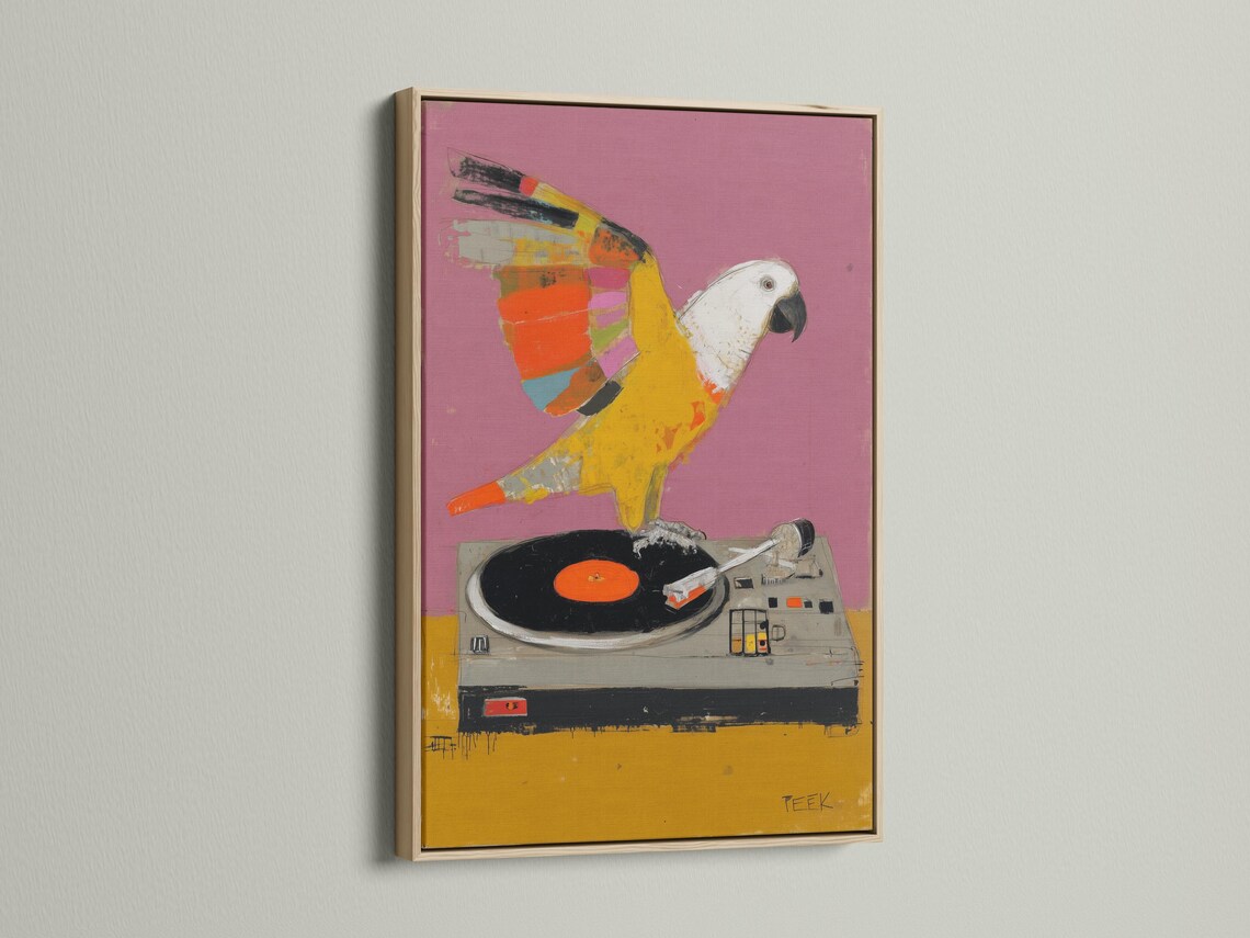 Colourful parrot perched on a turntable above a vinyl record, set against a pink-purple background detail view
