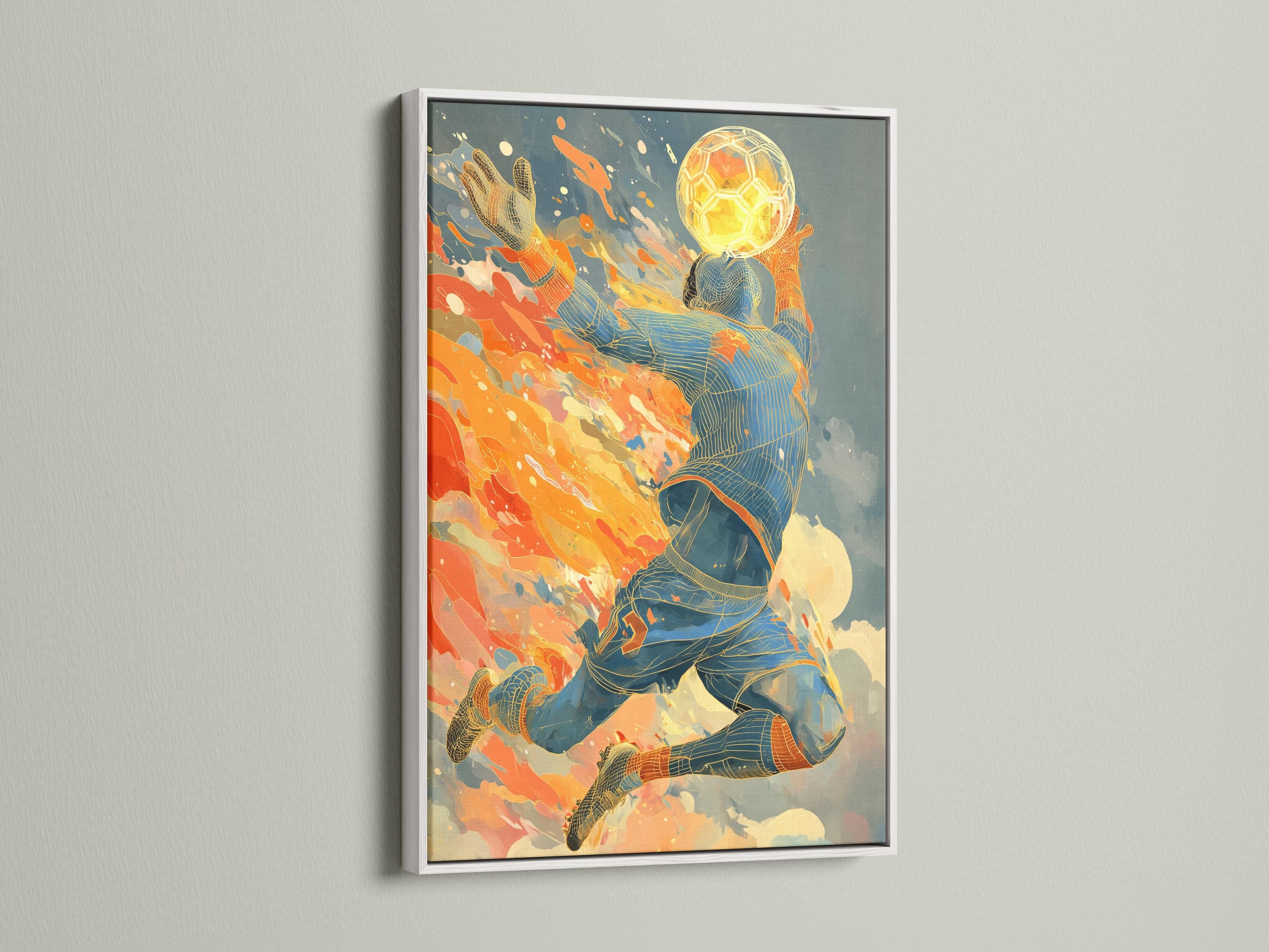 Stylised soccer goalie diving with a glowing football in orange and blue splashes detail view