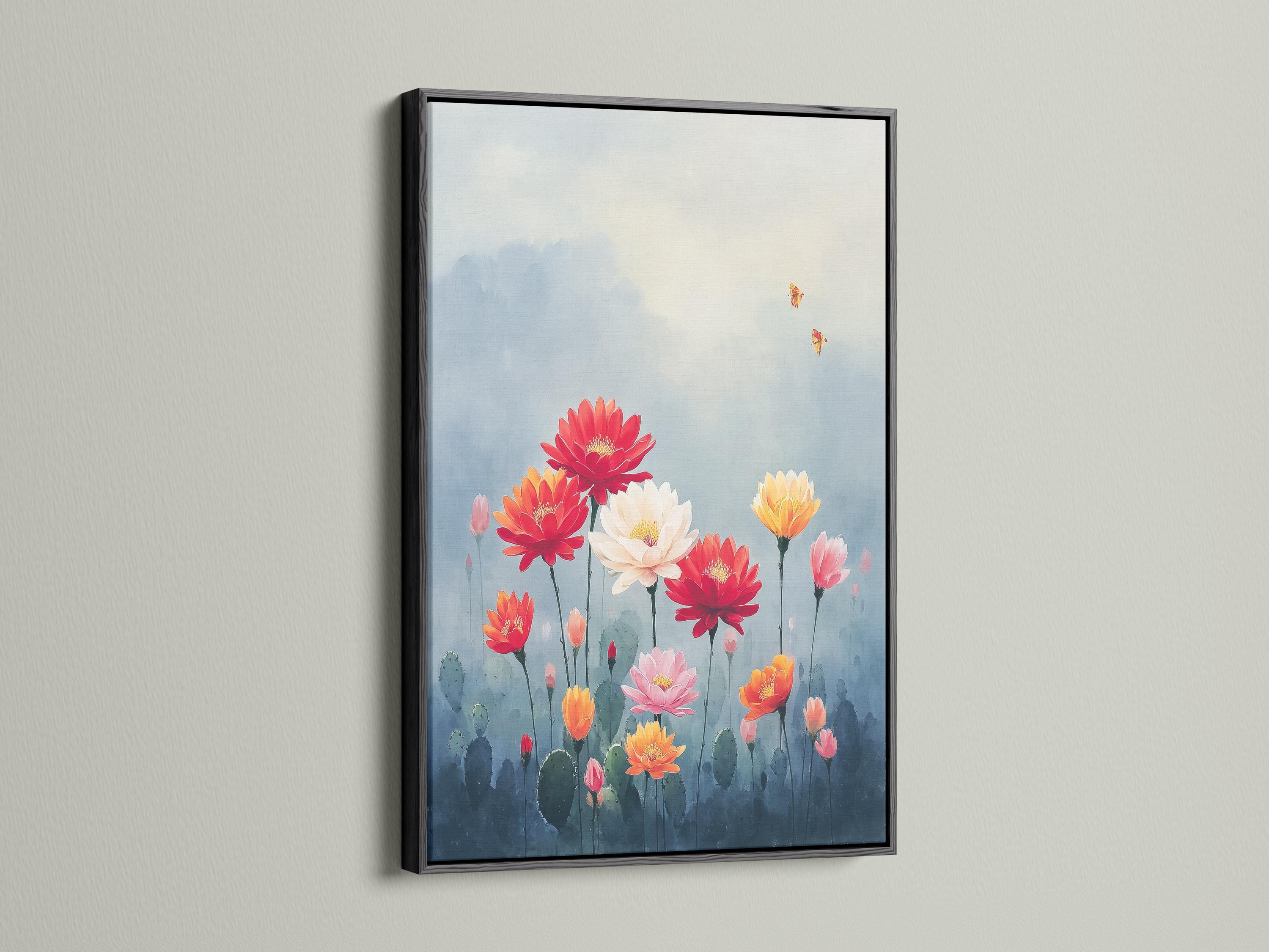 Framed desert flower bouquet artwork on a wall mockup with small butterfly details