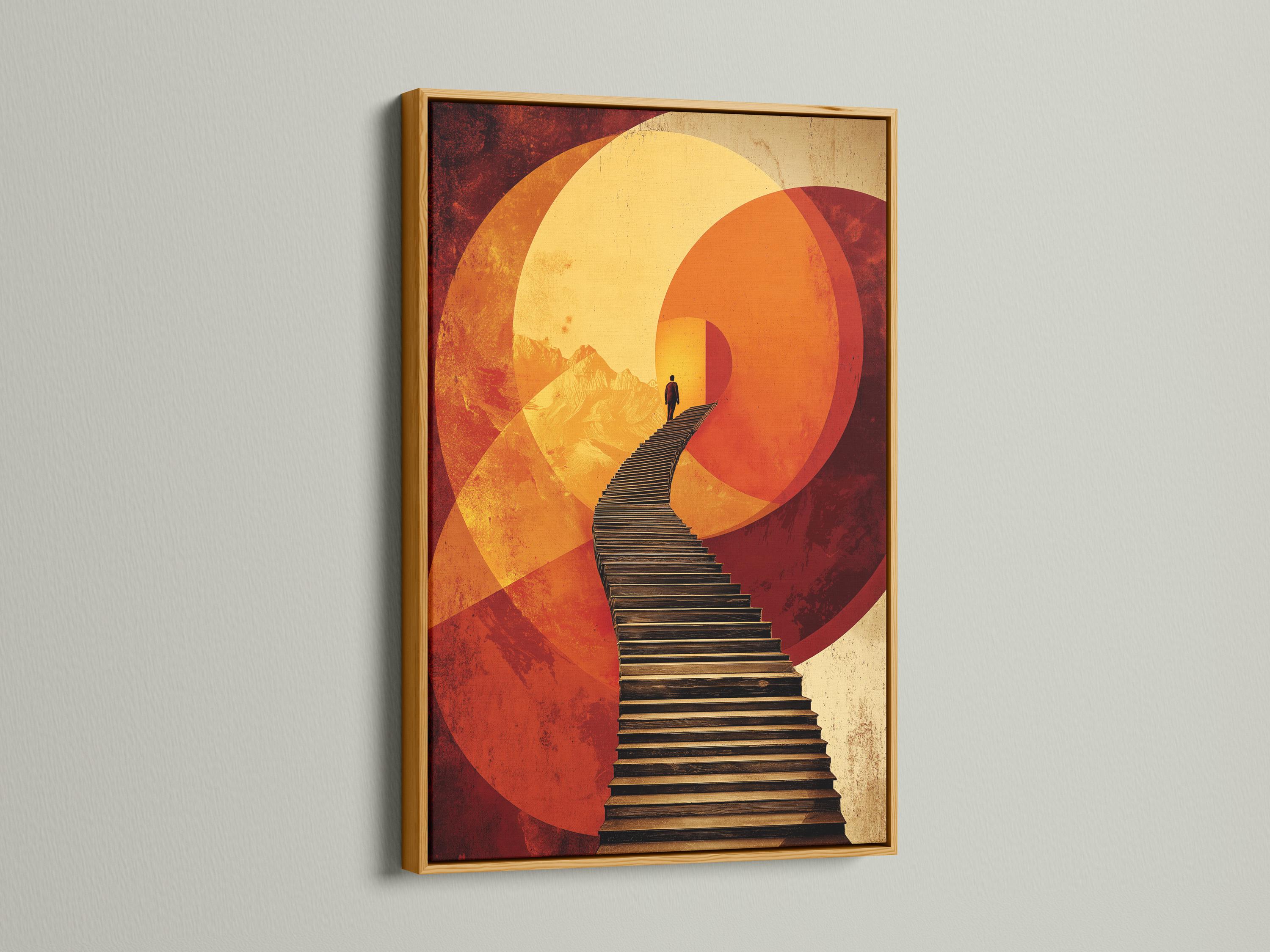 Warm orange and gold geometric arch artwork with a diagonal staircase and a dark silhouetted figure detail view