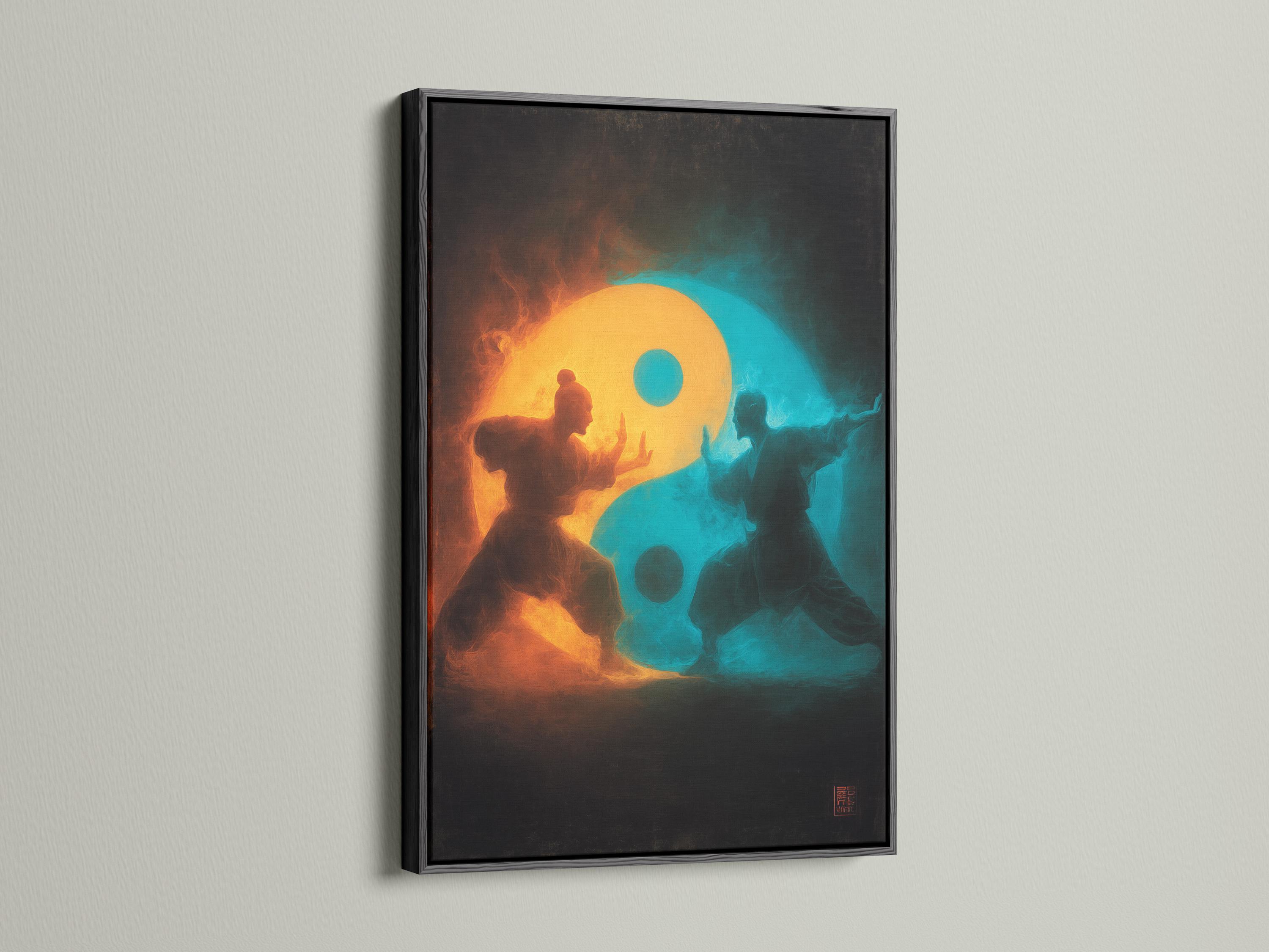 A dark painterly martial-arts figure stands in silhouette within a glowing yin-yang inspired split of orange and teal mist detail view