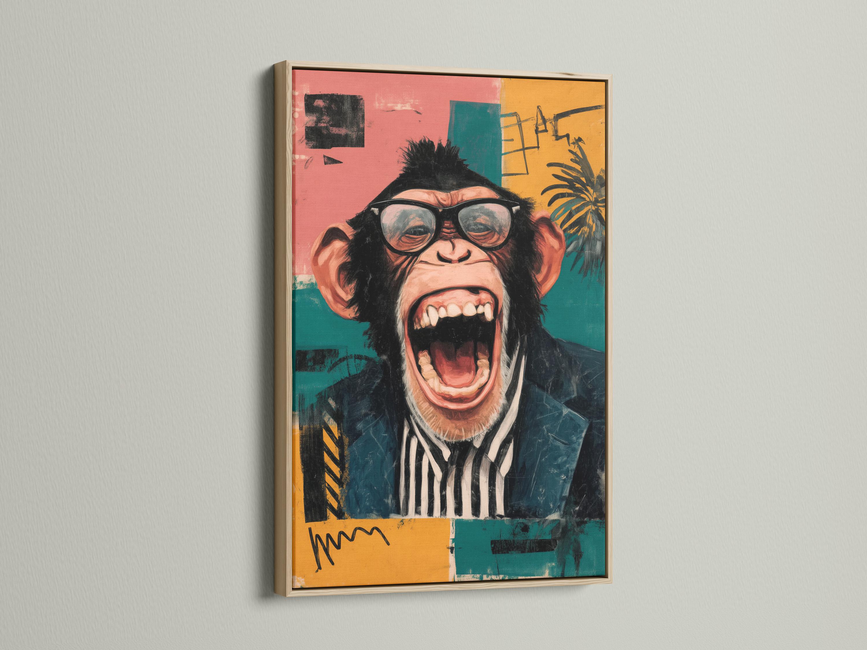 Retro chimp portrait with round glasses, shouting, set against teal and pink colour blocks detail view