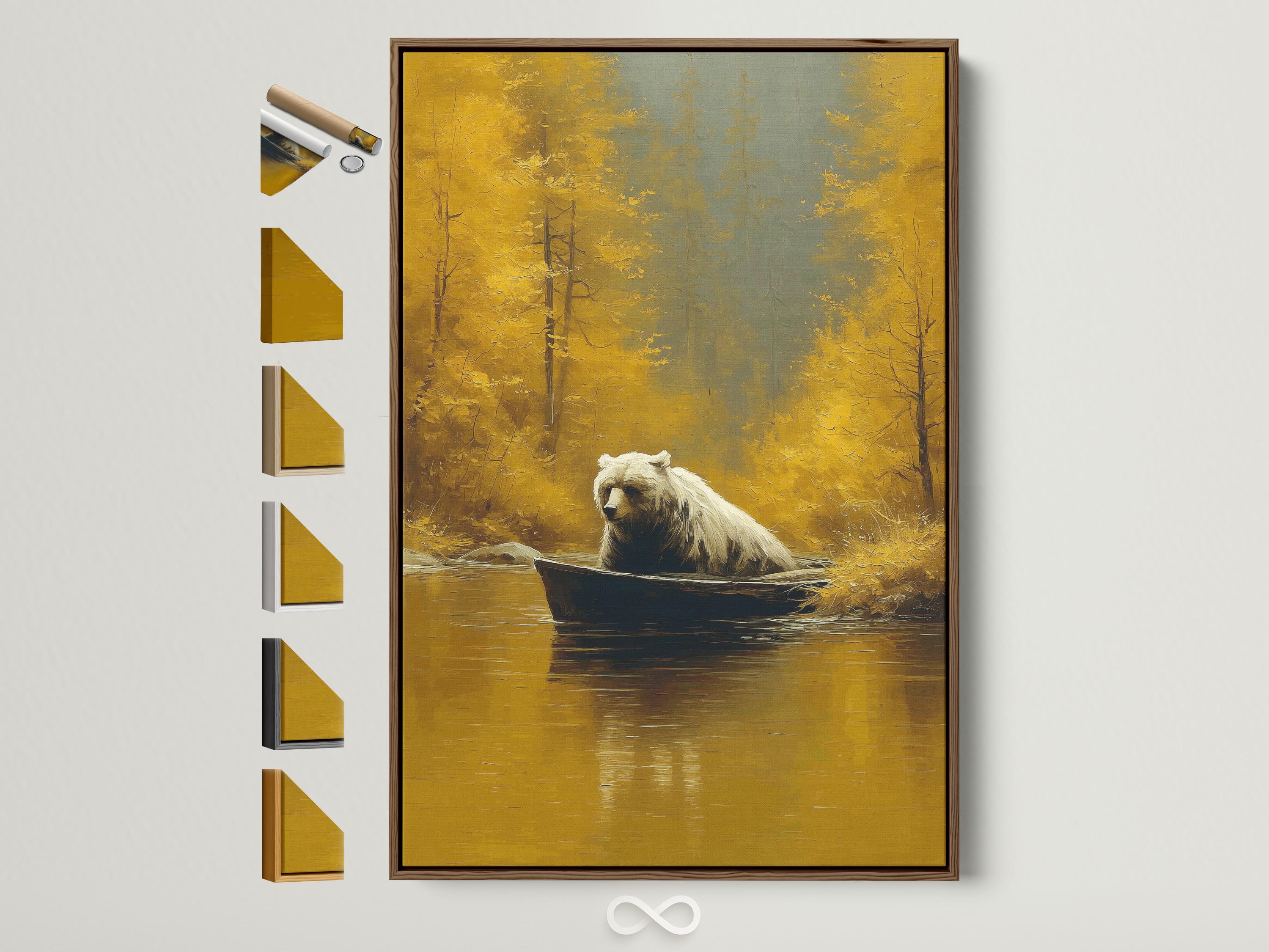 Bear with pale fur sitting in a boat on calm water, surrounded by a golden autumn forest