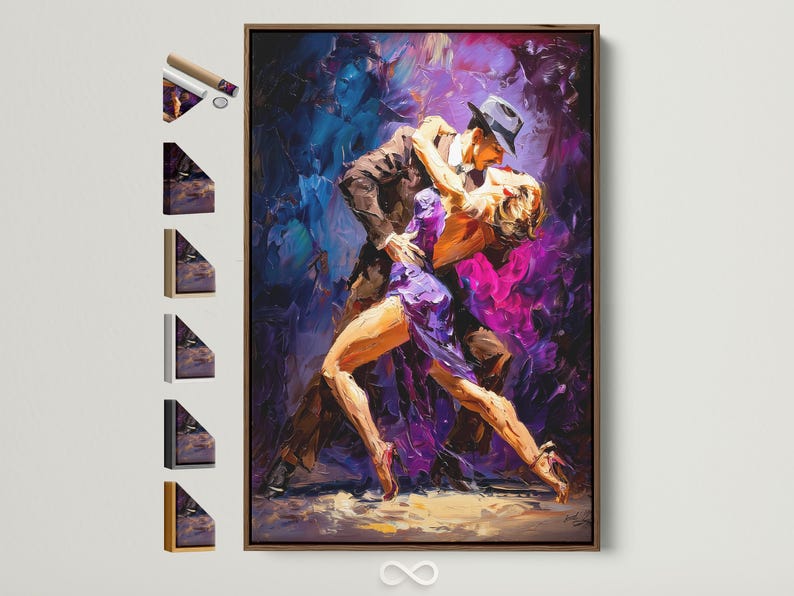 Framed tango dance artwork showing two dancing figures in purple, blue and gold tones