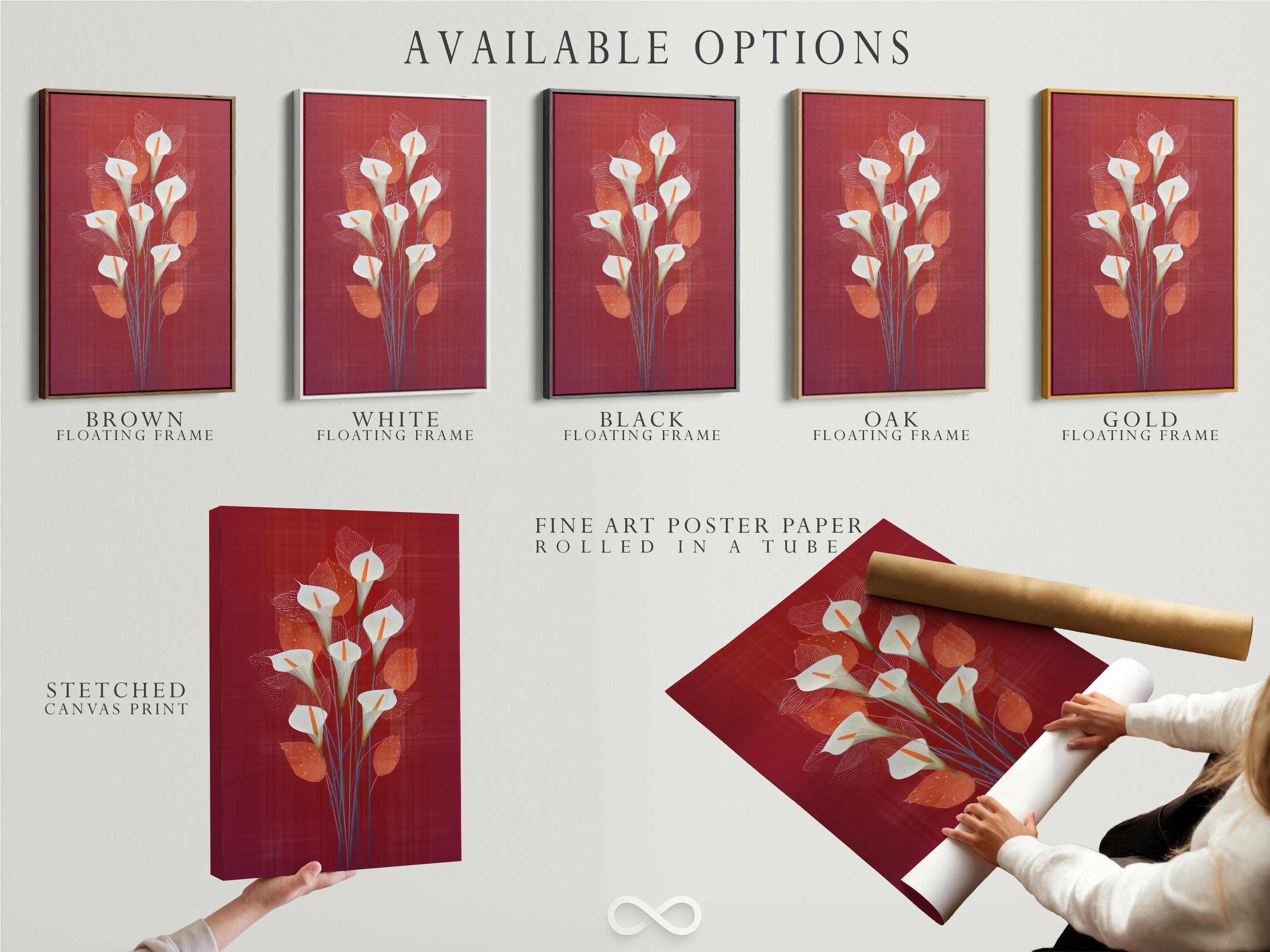 Stylised calla lily bouquet with white flowers, orange centres and blue stems on a burgundy background detail view