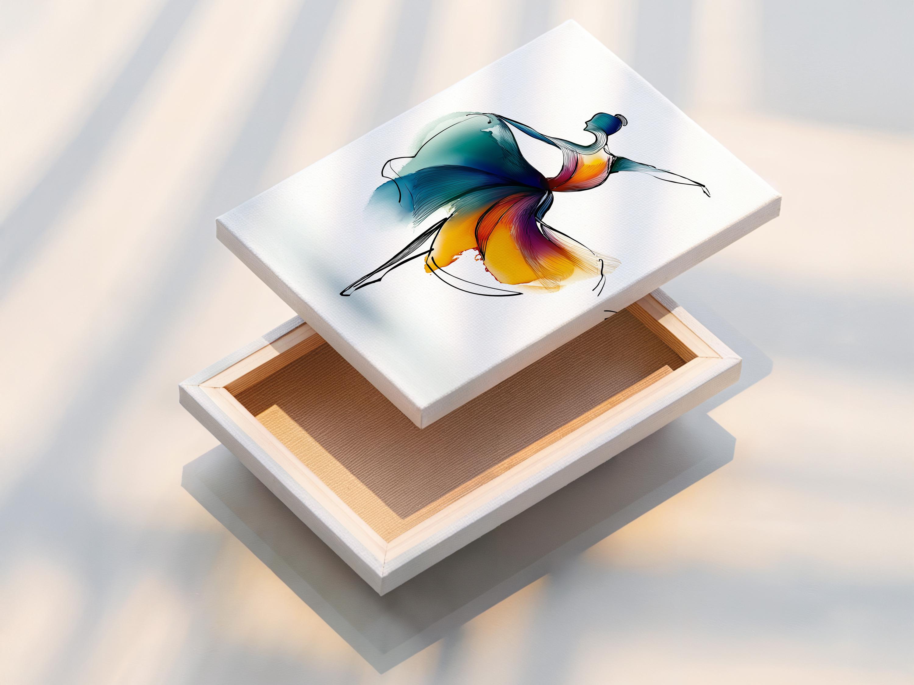 Stylised ballet dancer leaping with teal, blue, purple and orange-yellow colour washes on a white background detail view