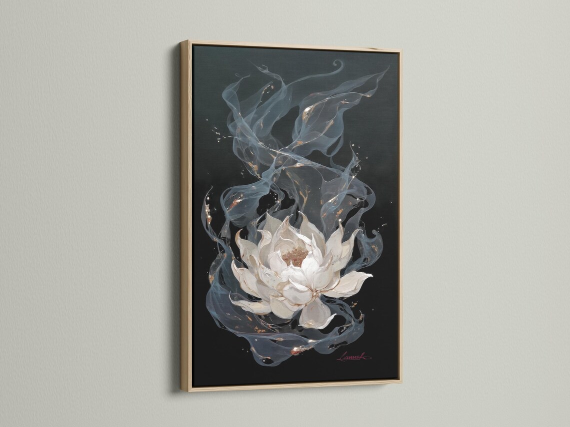 Painterly white lotus flower with swirling blue-grey petals and gold flecks on a dark background detail view
