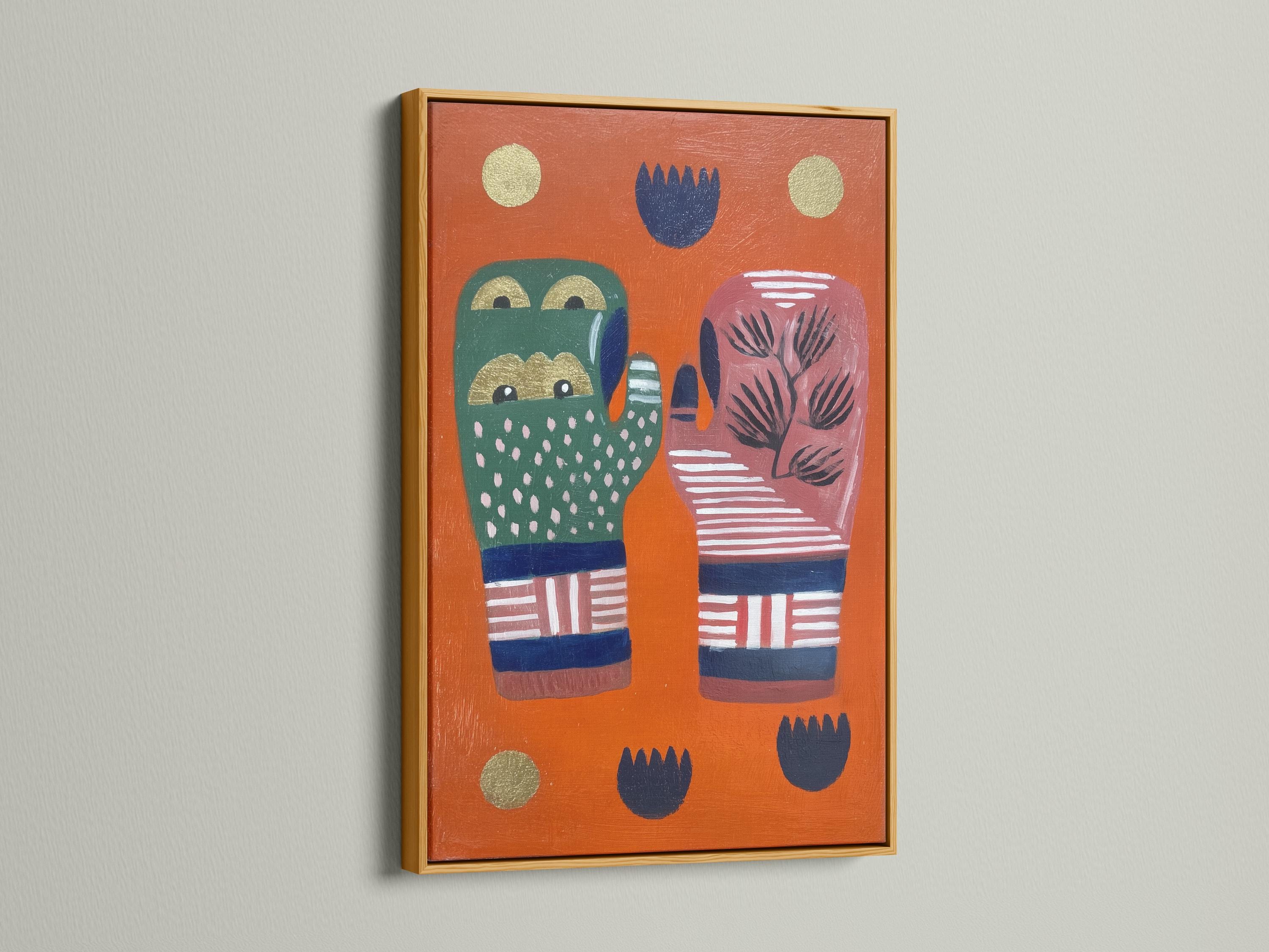 Room mockup showing orange folk art hands artwork with tree motif