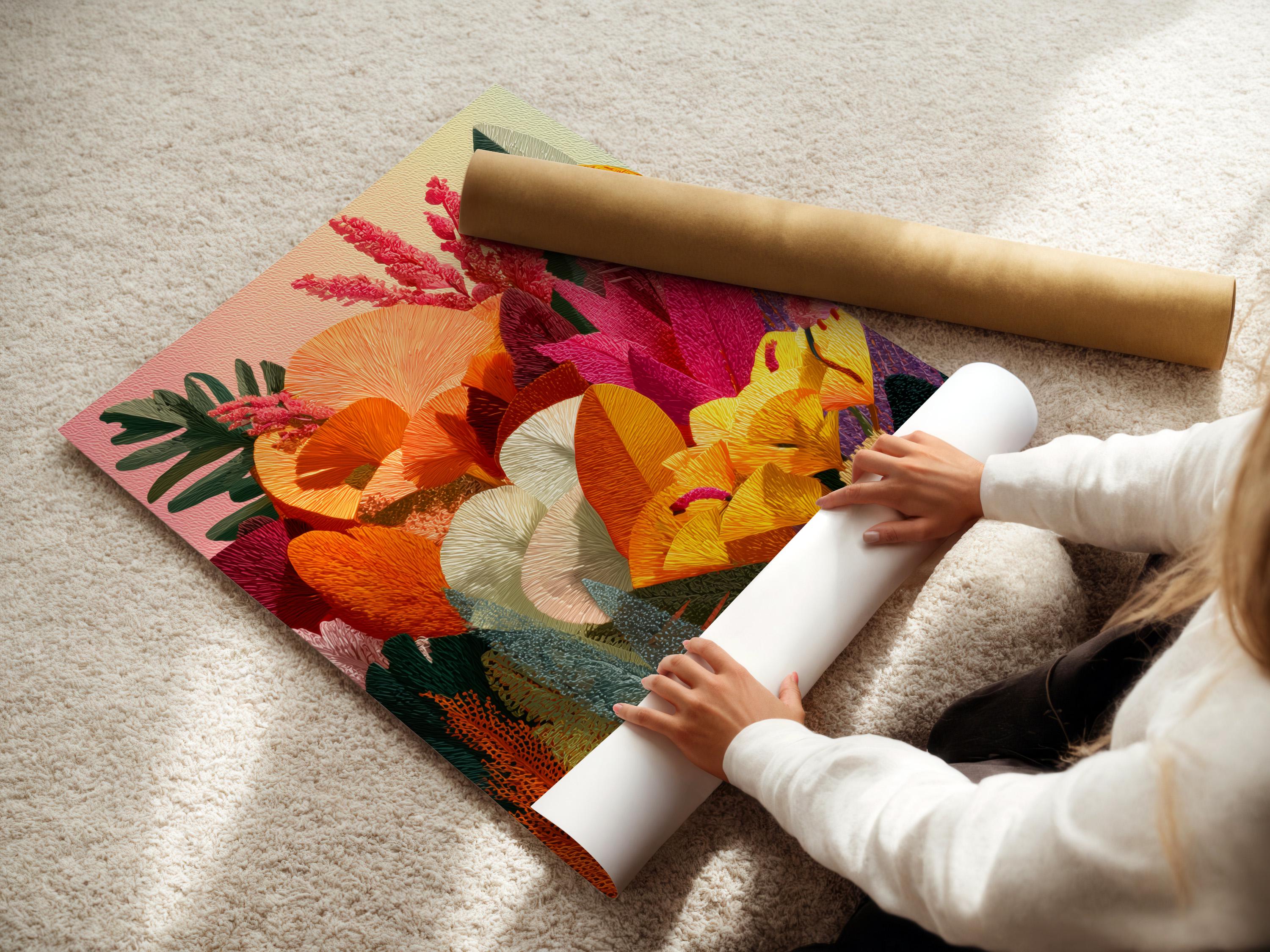 Colourful floral botanical artwork with orange and yellow blossoms, pink flowering spikes and green leaves detail view