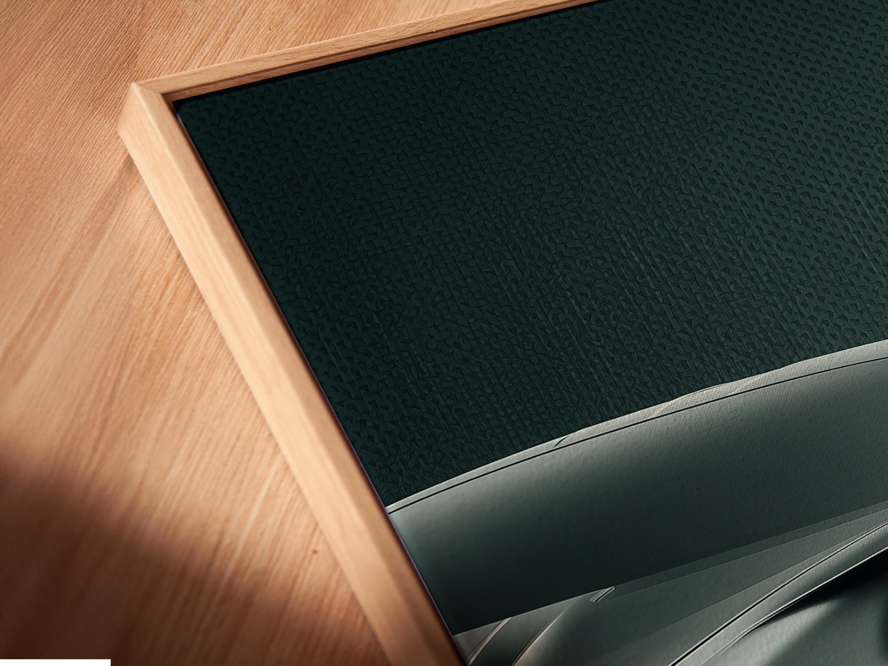 A sleek modern sports car is shown in a low-angle three-quarter view, set against a textured teal background with a cool grey floor detail view